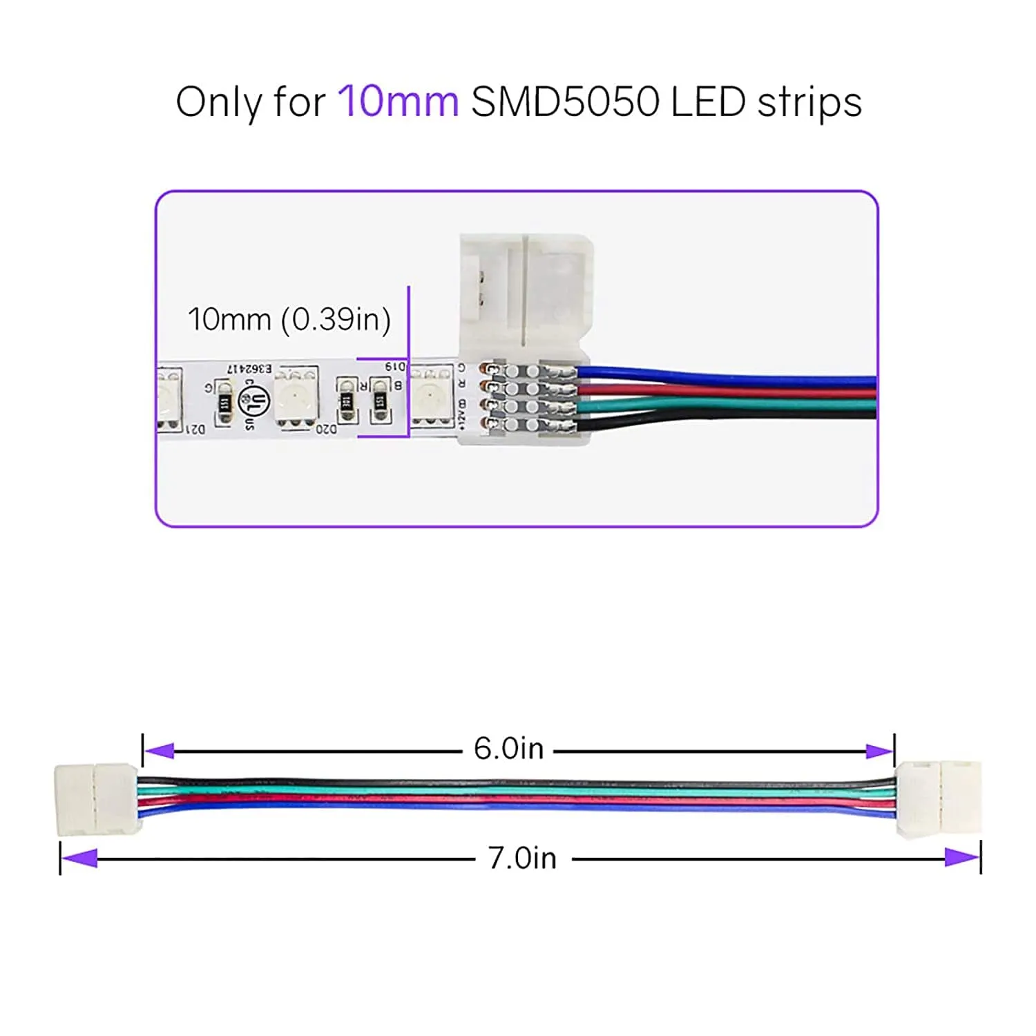 10mm (5050) Solderless LED Light Strip Connectors and Extensions : RGB Multicolor - 6 Inch Any Angle (12 Pack)