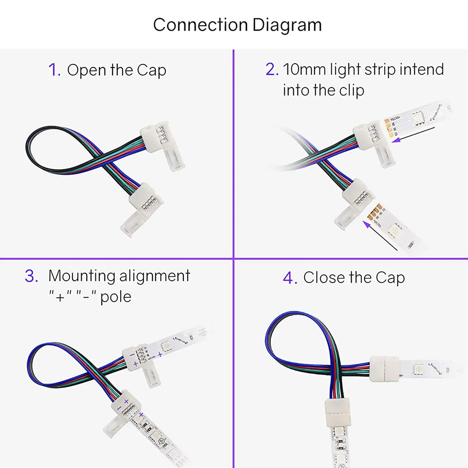 10mm (5050) Solderless LED Light Strip Connectors and Extensions : RGB Multicolor - 6 Inch Any Angle (12 Pack)