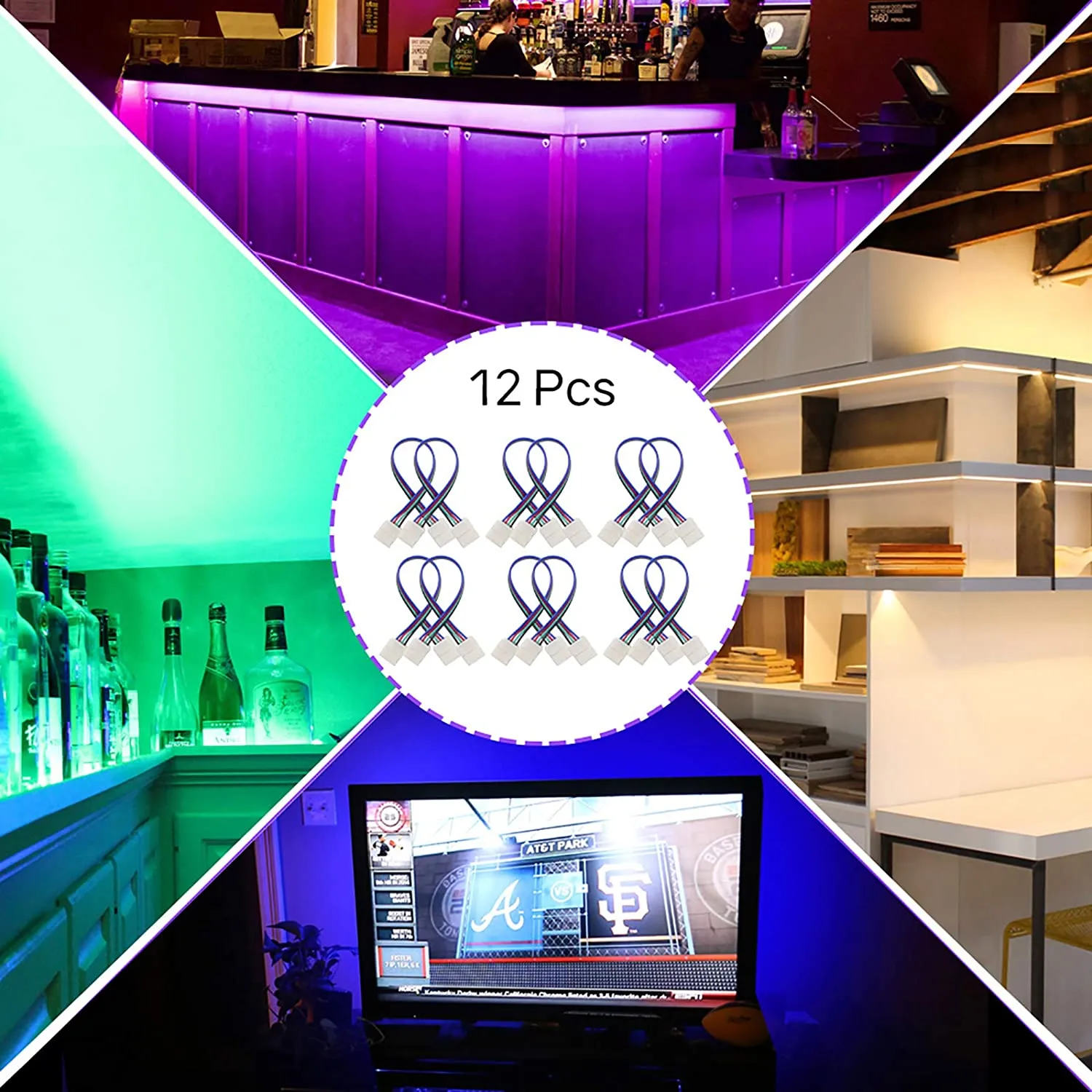 10mm (5050) Solderless LED Light Strip Connectors and Extensions : RGB Multicolor - 6 Inch Any Angle (12 Pack)