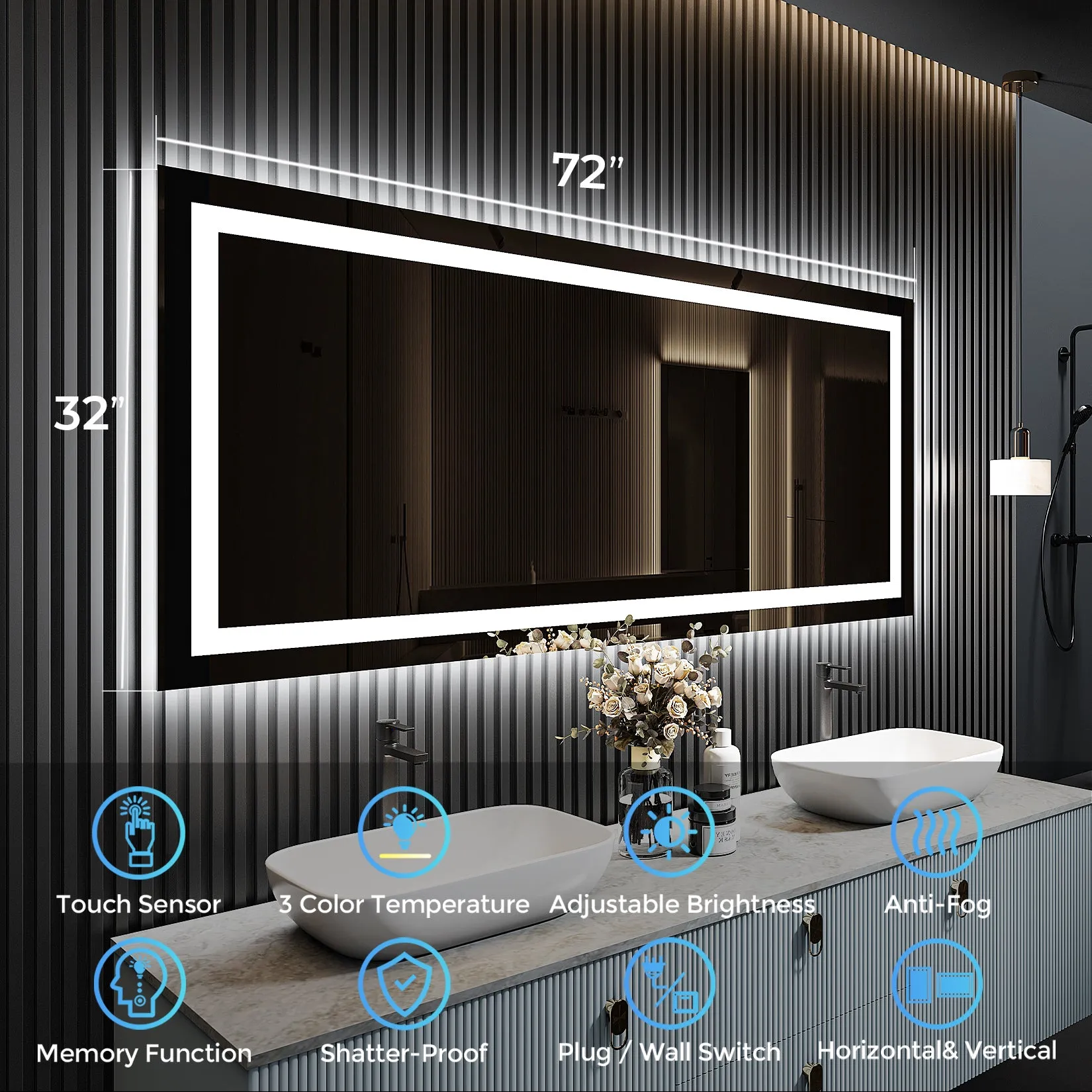 2022 Collection  Backlit   Frontlit LED Mirror for Bathroom 72 x 32 Inch