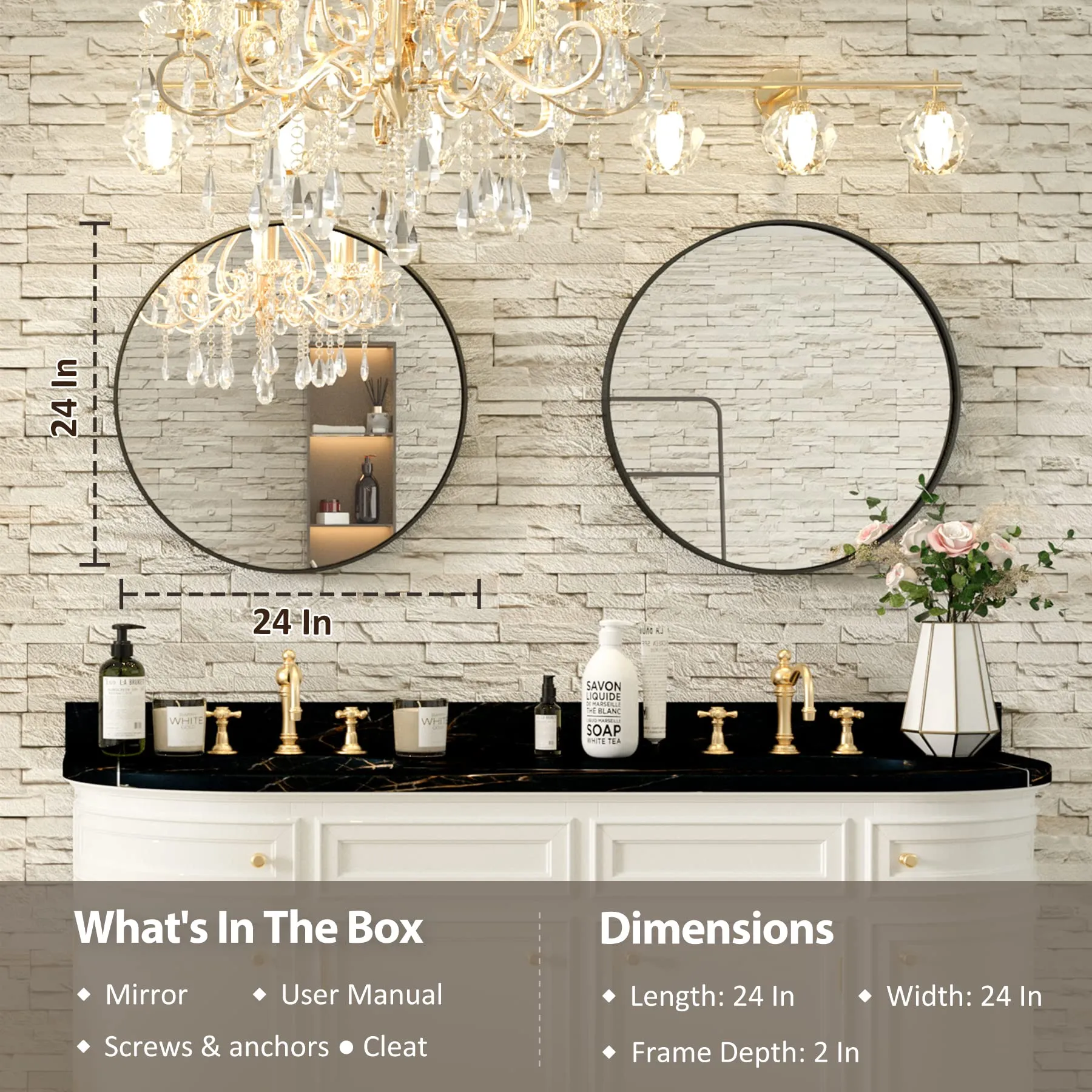 24 Inch | Minimalist Round Aluminum Metal Frame Wall-Mounted Vanity Mirror