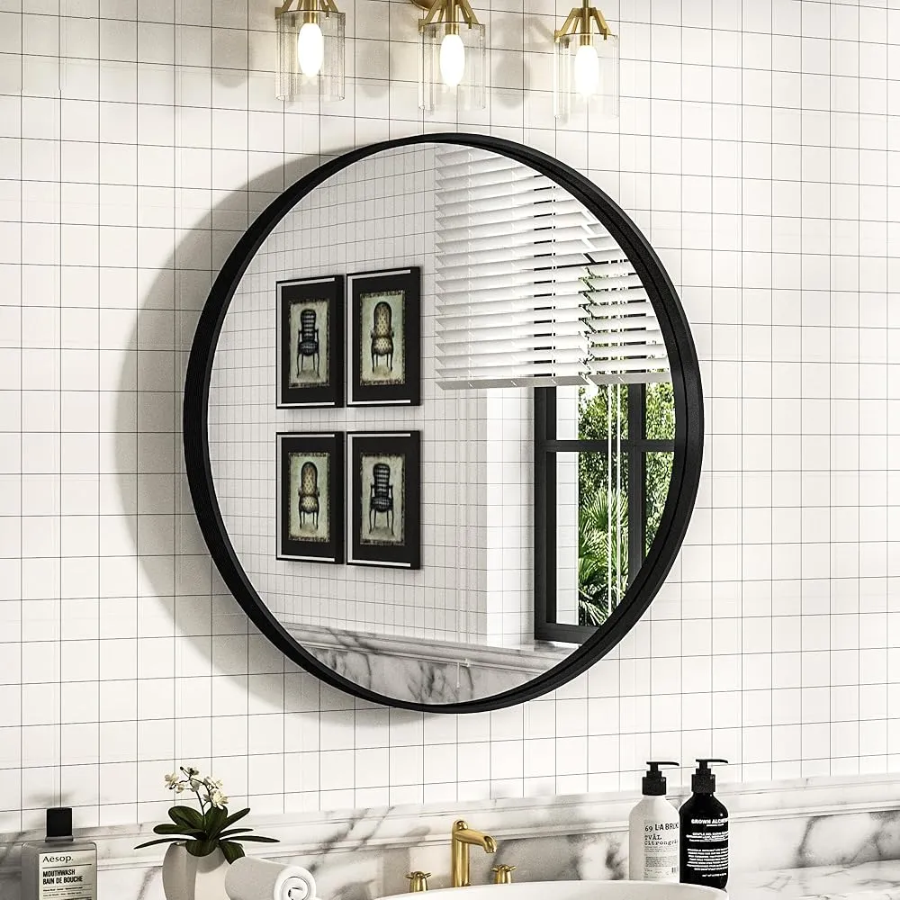 24 Inch | Minimalist Round Aluminum Metal Frame Wall-Mounted Vanity Mirror