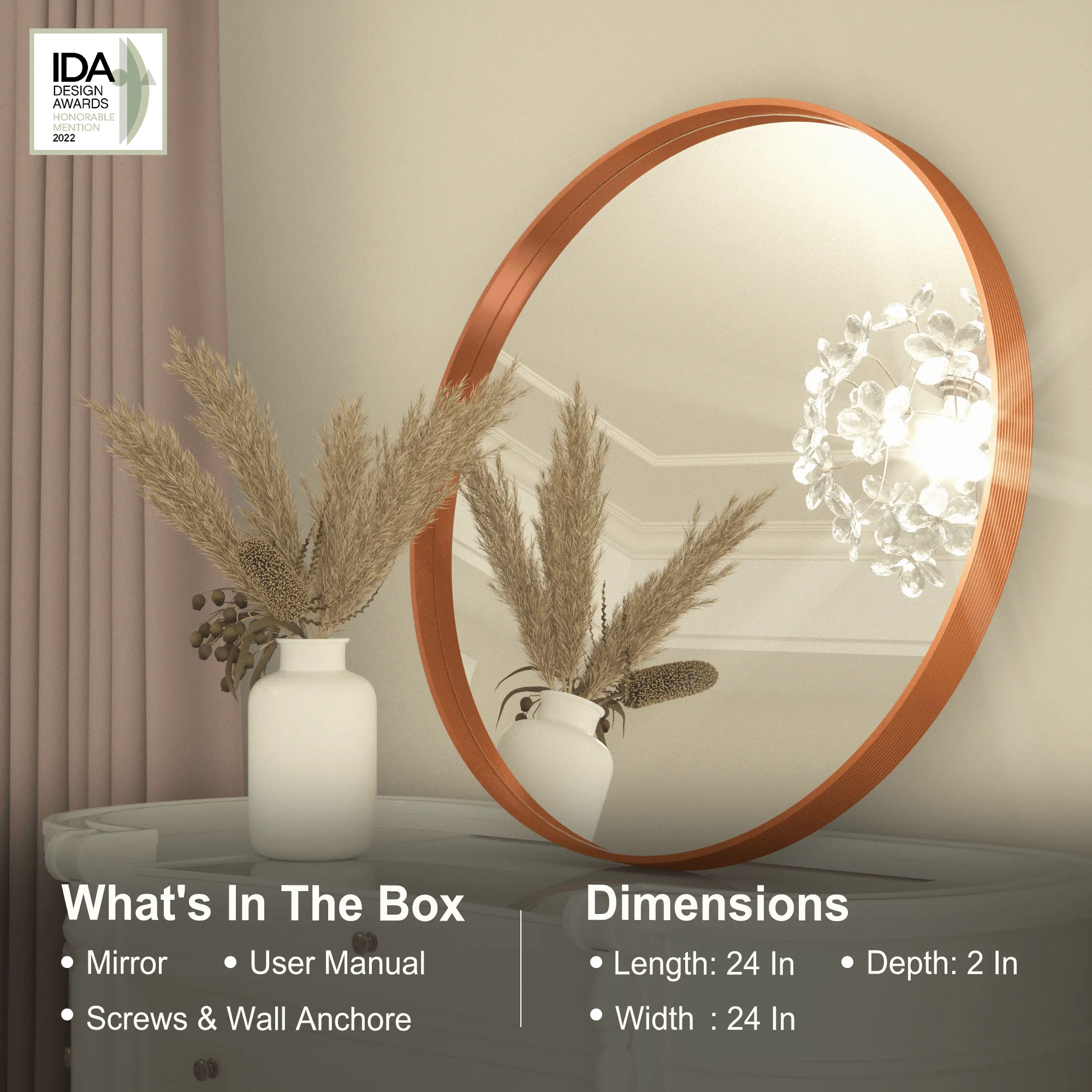 24 Inch | Minimalist Round Aluminum Metal Frame Wall-Mounted Vanity Mirror