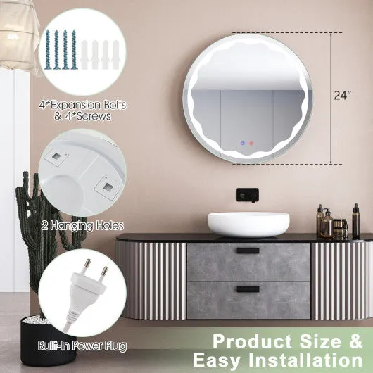 24 Inch Round Wall Mirror with 3-Color LED Lights and Smart Touch Button