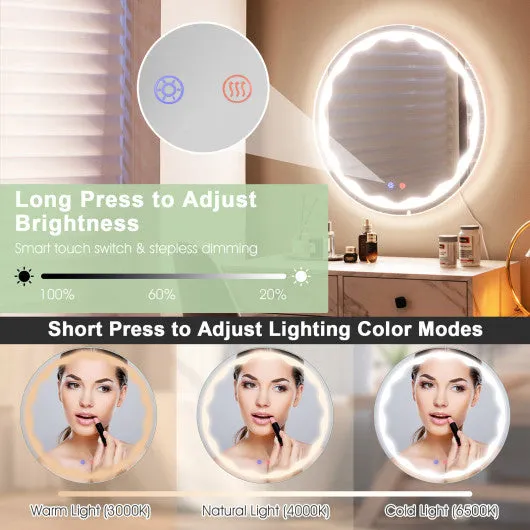 24 Inch Round Wall Mirror with 3-Color LED Lights and Smart Touch Button