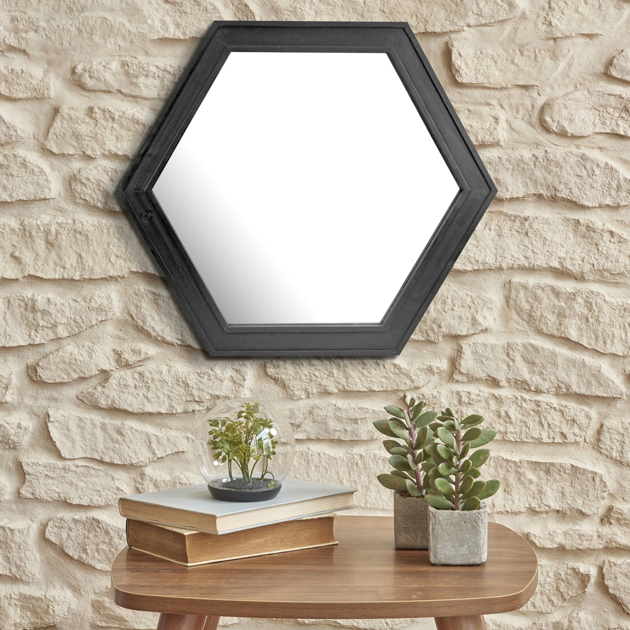 24" Hexagon Hanging Wall Mirror with Black Painted Wood Frame (WS)