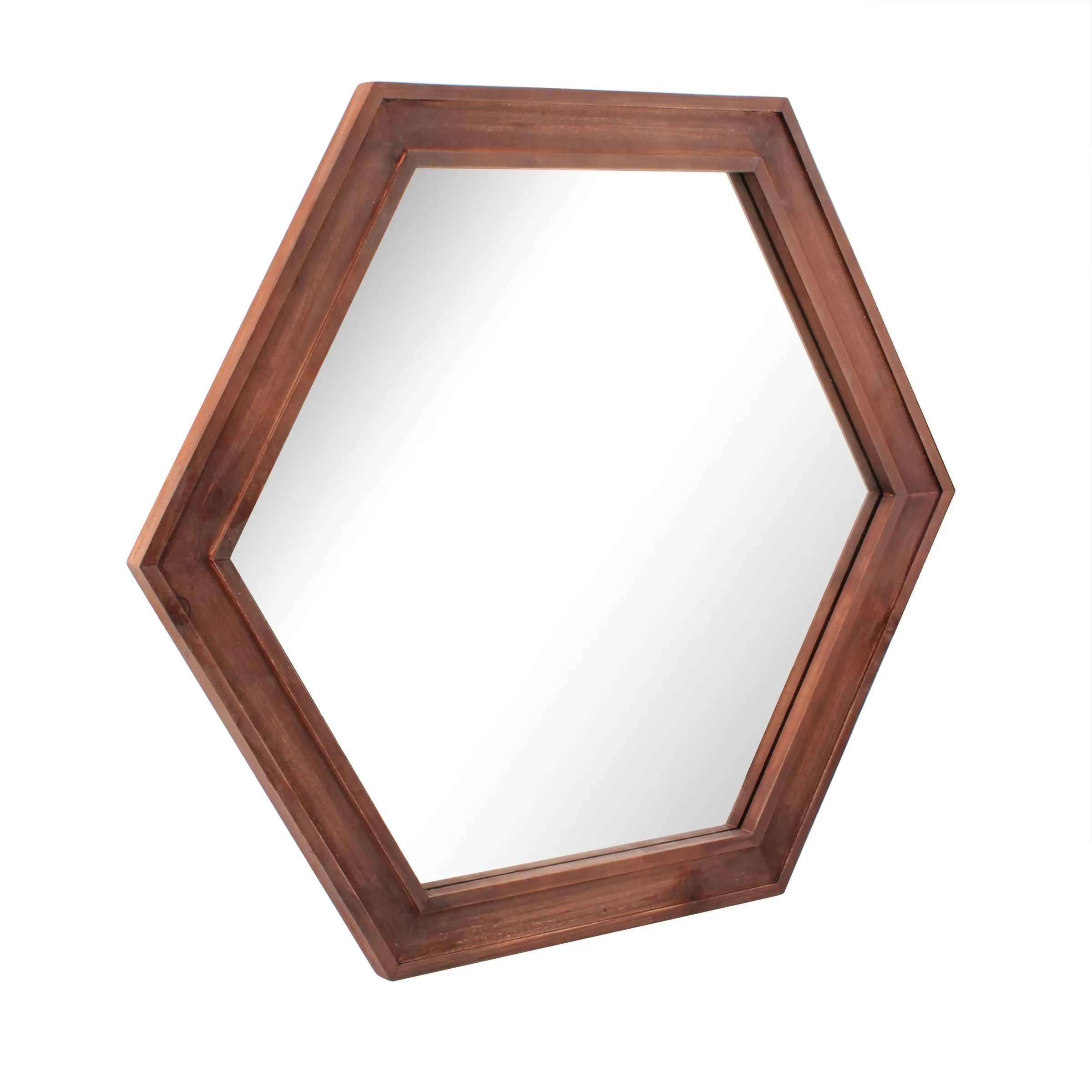 24" Hexagon Hanging Wall Mirror with Redwood Stained Wood Frame
