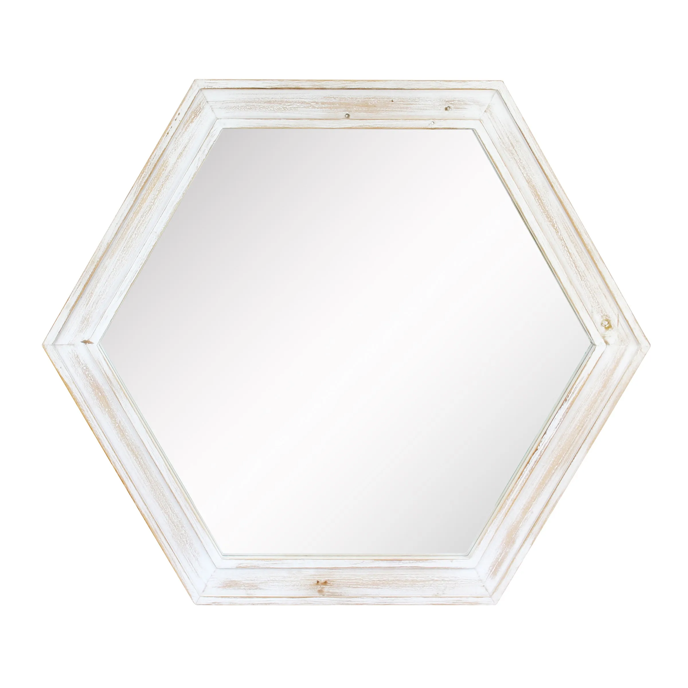 24" Hexagon Hanging Wall Mirror with Worn White Painted Wood Frame