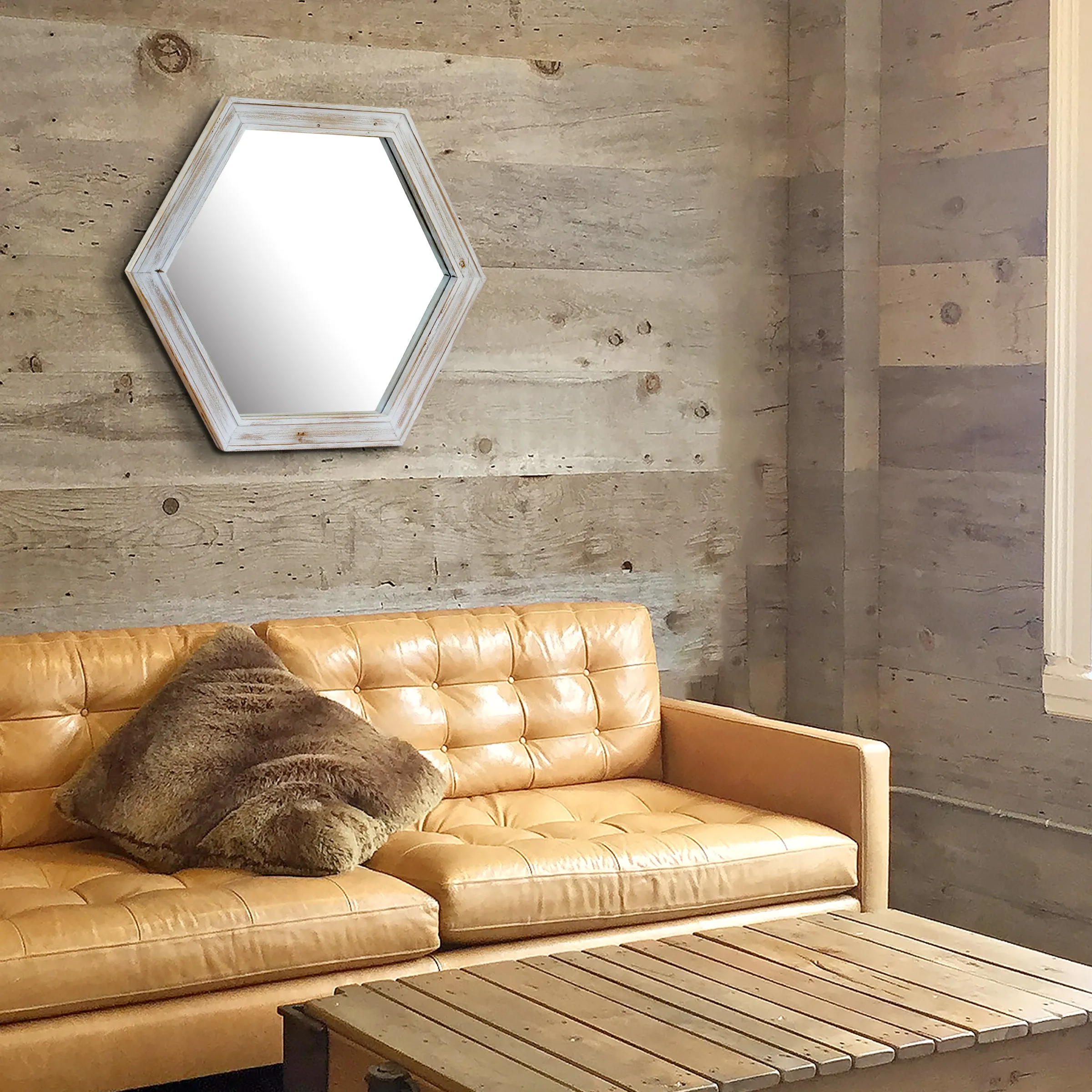 24" Hexagon Hanging Wall Mirror with Worn White Painted Wood Frame