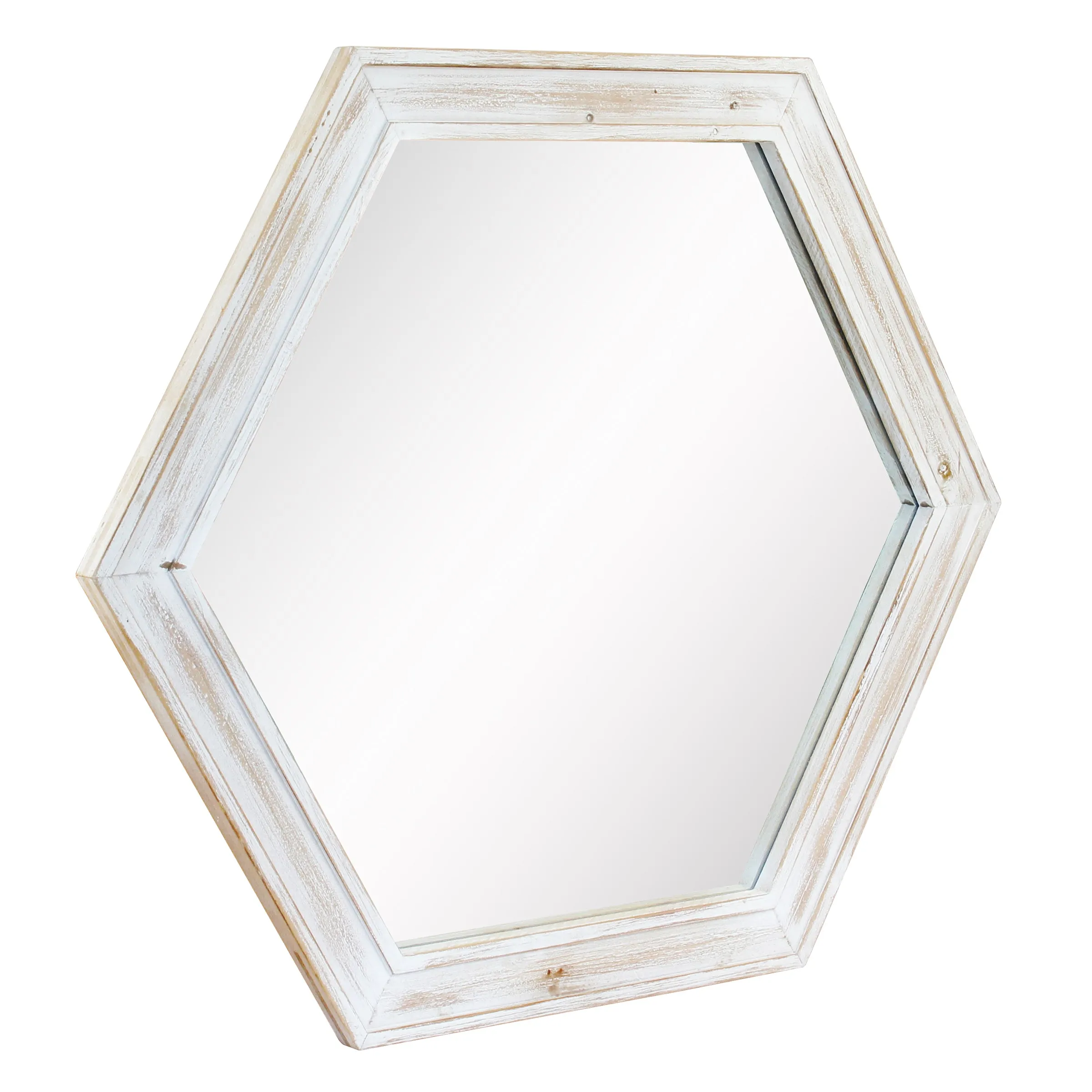 24" Hexagon Hanging Wall Mirror with Worn White Painted Wood Frame
