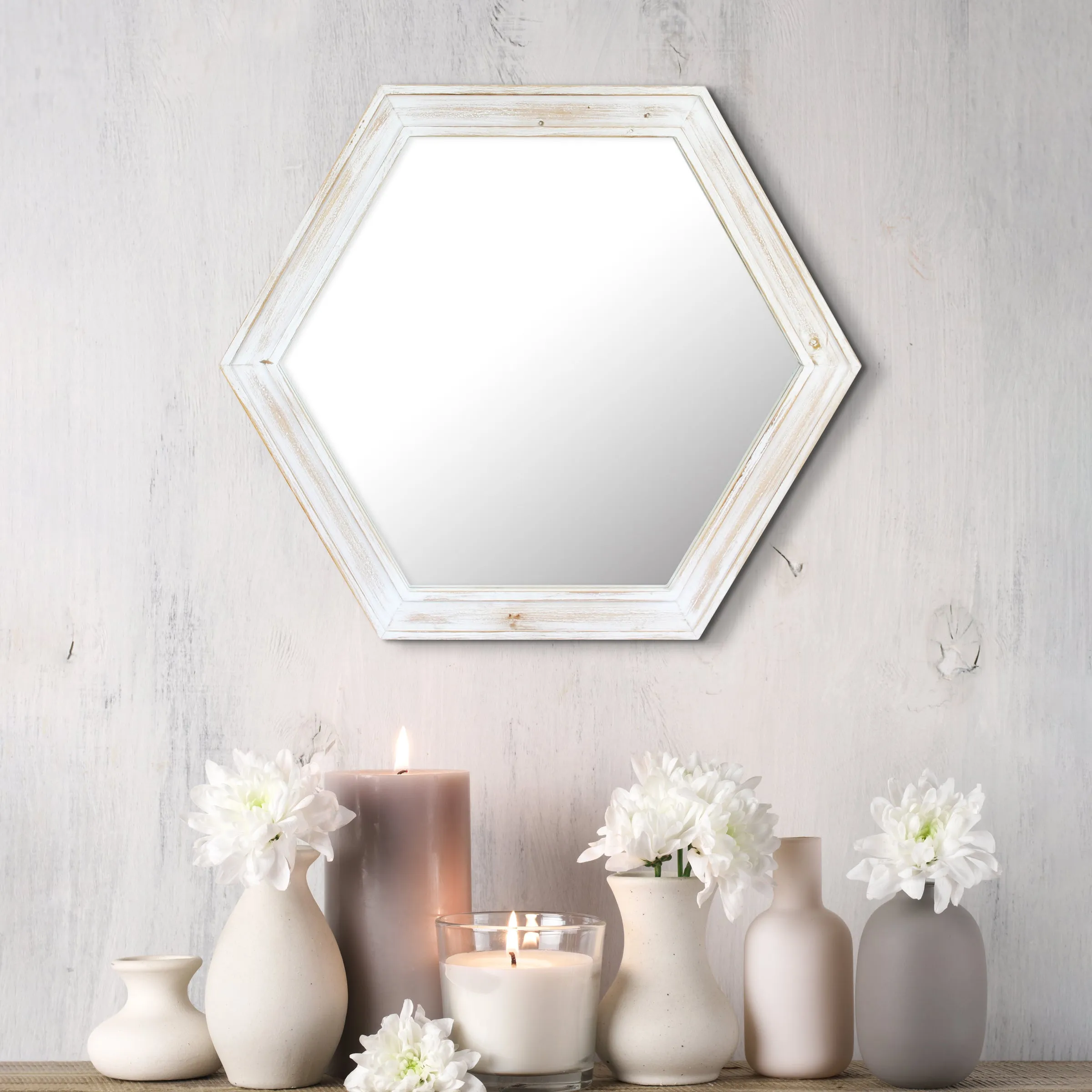 24" Hexagon Hanging Wall Mirror with Worn White Painted Wood Frame