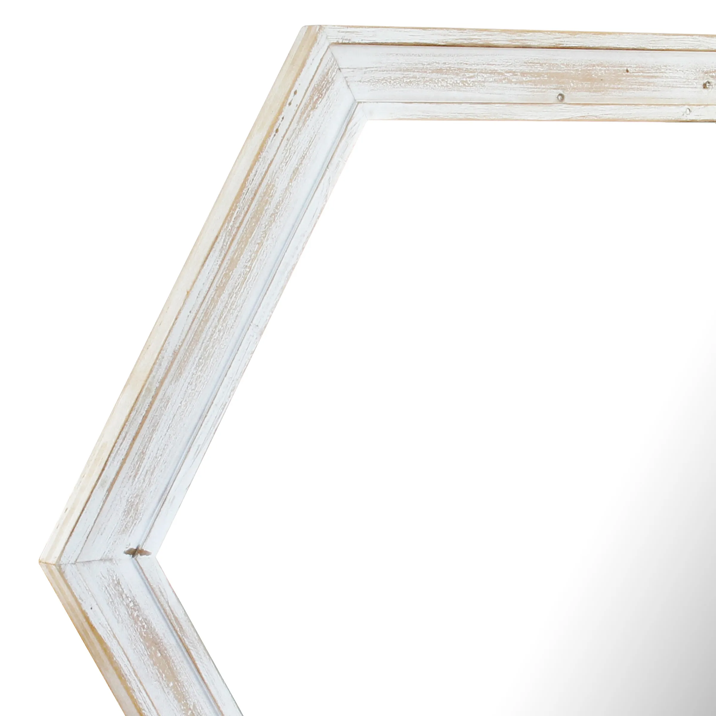 24" Hexagon Hanging Wall Mirror with Worn White Painted Wood Frame