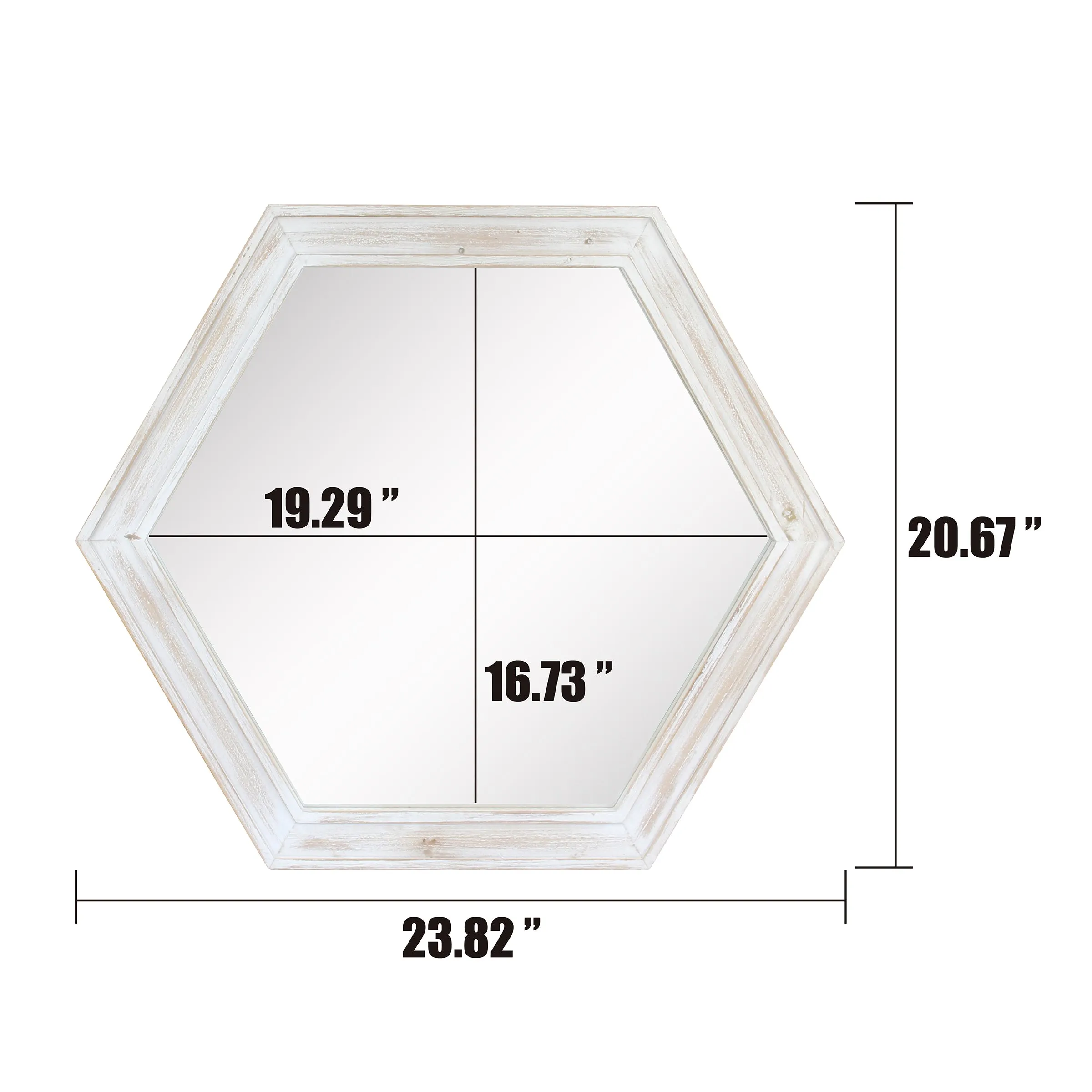 24" Hexagon Hanging Wall Mirror with Worn White Painted Wood Frame