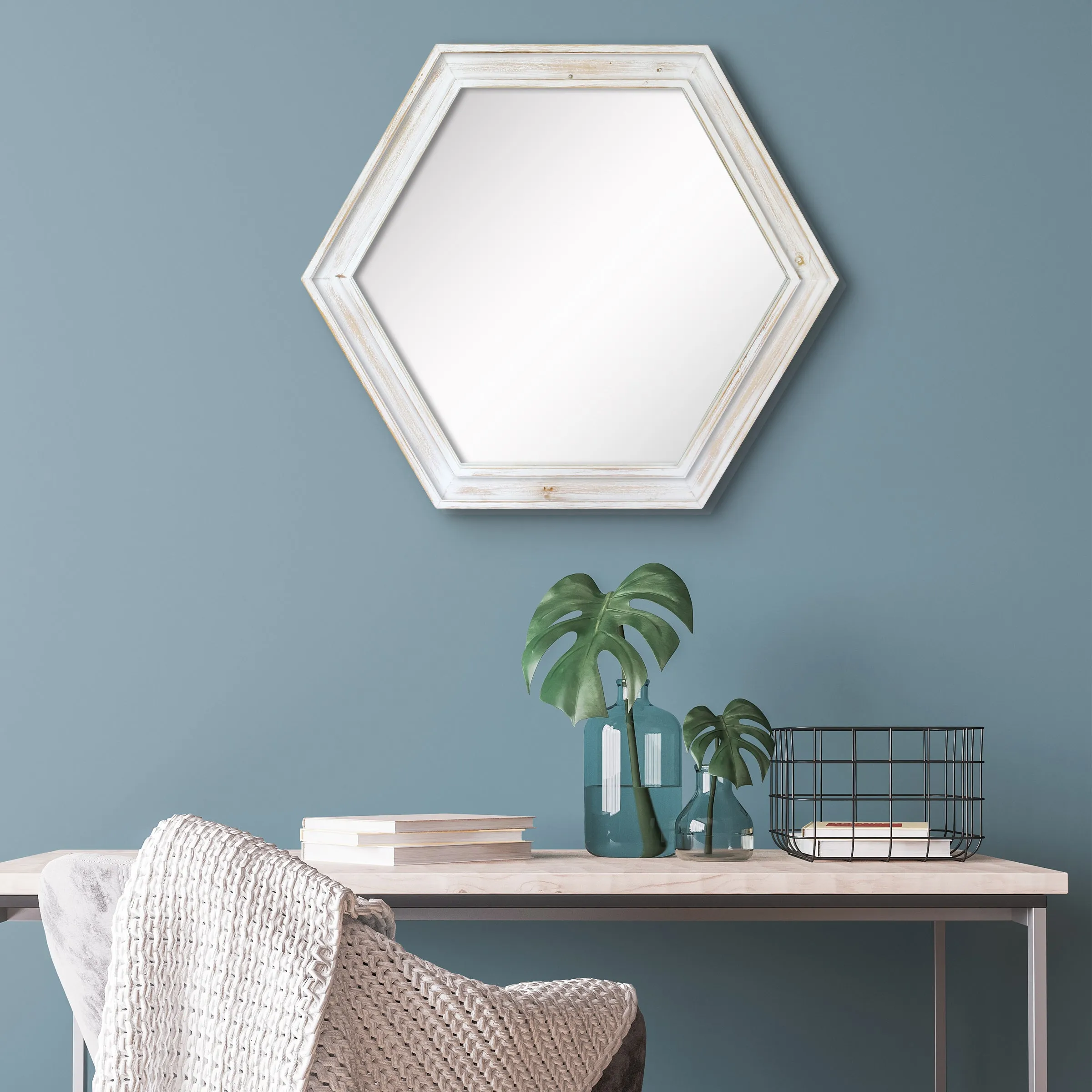 24" Hexagon Hanging Wall Mirror with Worn White Painted Wood Frame