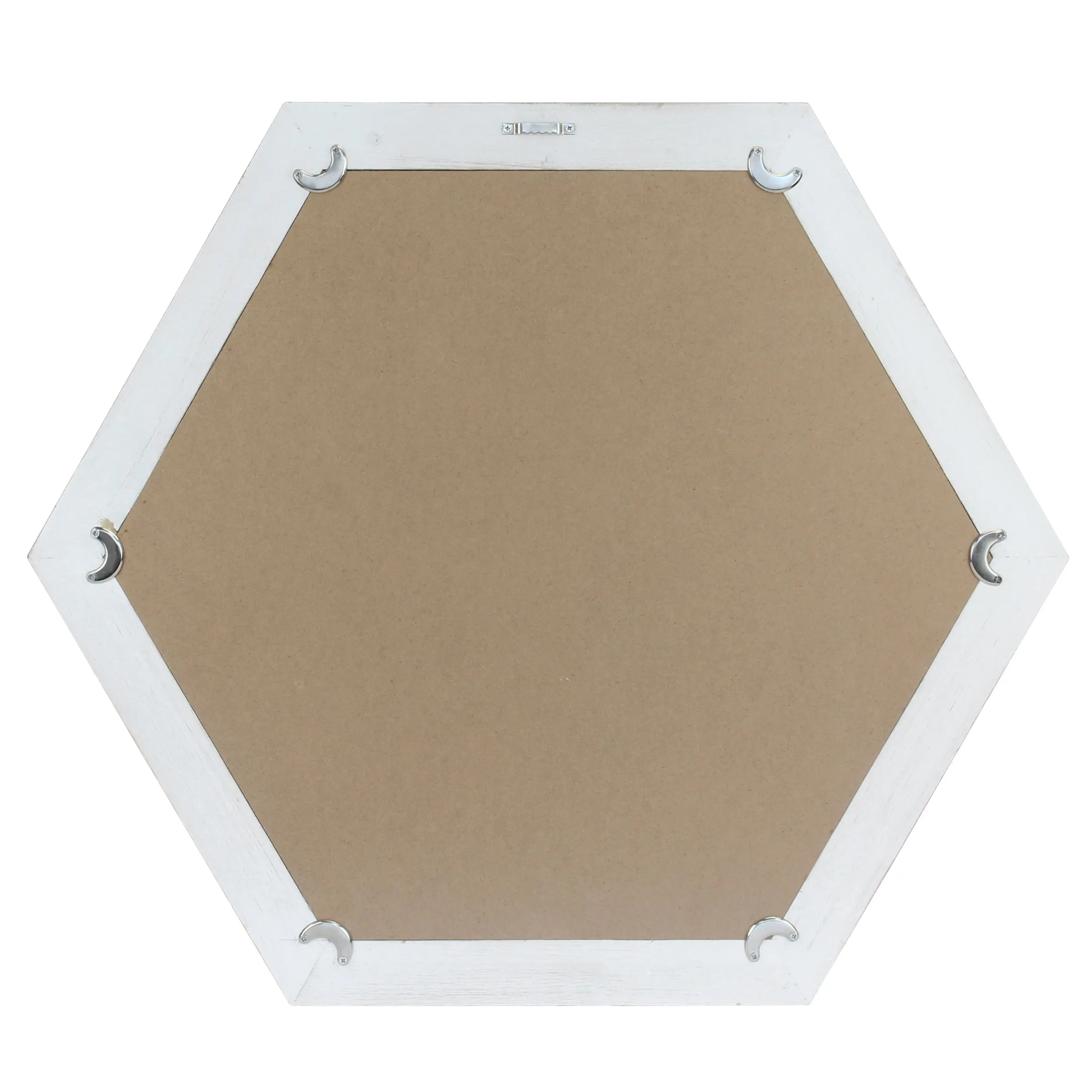 24" Hexagon Hanging Wall Mirror with Worn White Painted Wood Frame