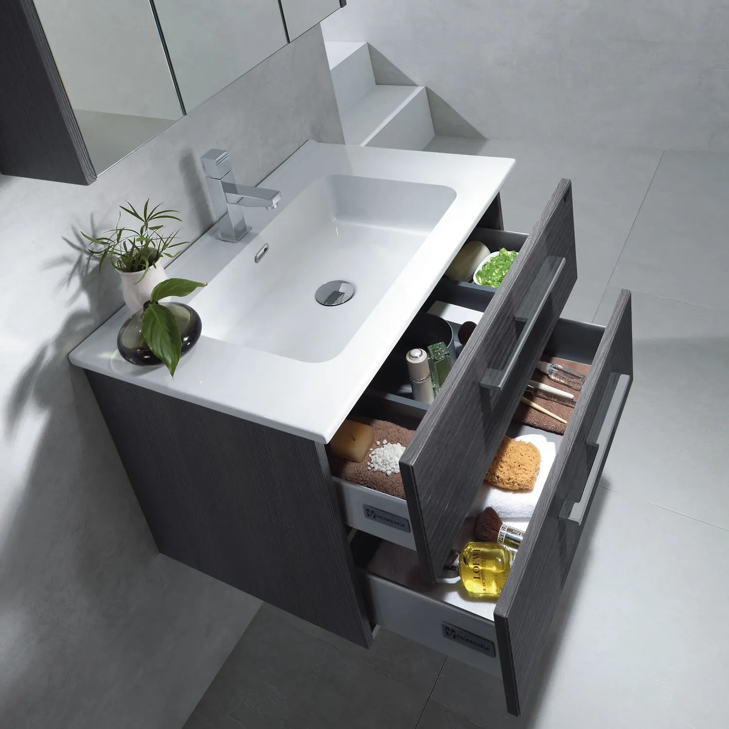 24" Single Vanity, Wall Mount, 2 Drawers with Soft Close, Grey, Serie Dune by VALENZUELA