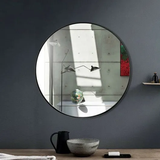 27.5" Modern Metal Wall-Mounted Round Mirror for Bathroom-Black