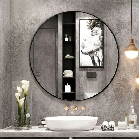 27.5" Modern Metal Wall-Mounted Round Mirror for Bathroom-Black