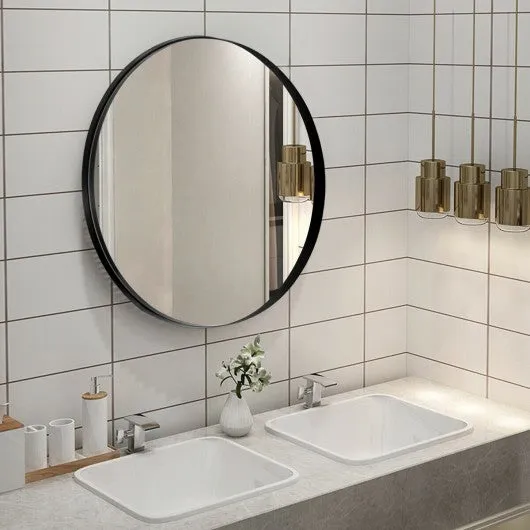27.5" Modern Metal Wall-Mounted Round Mirror for Bathroom-Black