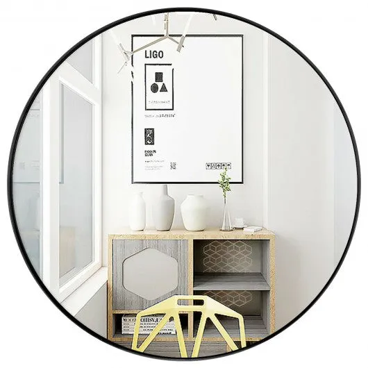 27.5" Modern Metal Wall-Mounted Round Mirror for Bathroom-Black