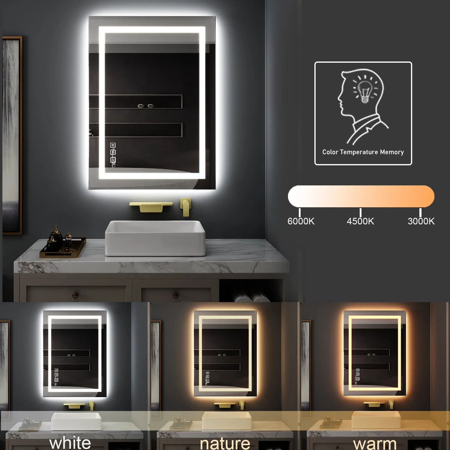 28 in. W x 36 in. H LED Large Rectangular Frameless Anti-Fog Wall Bathroom Mirror Front Light