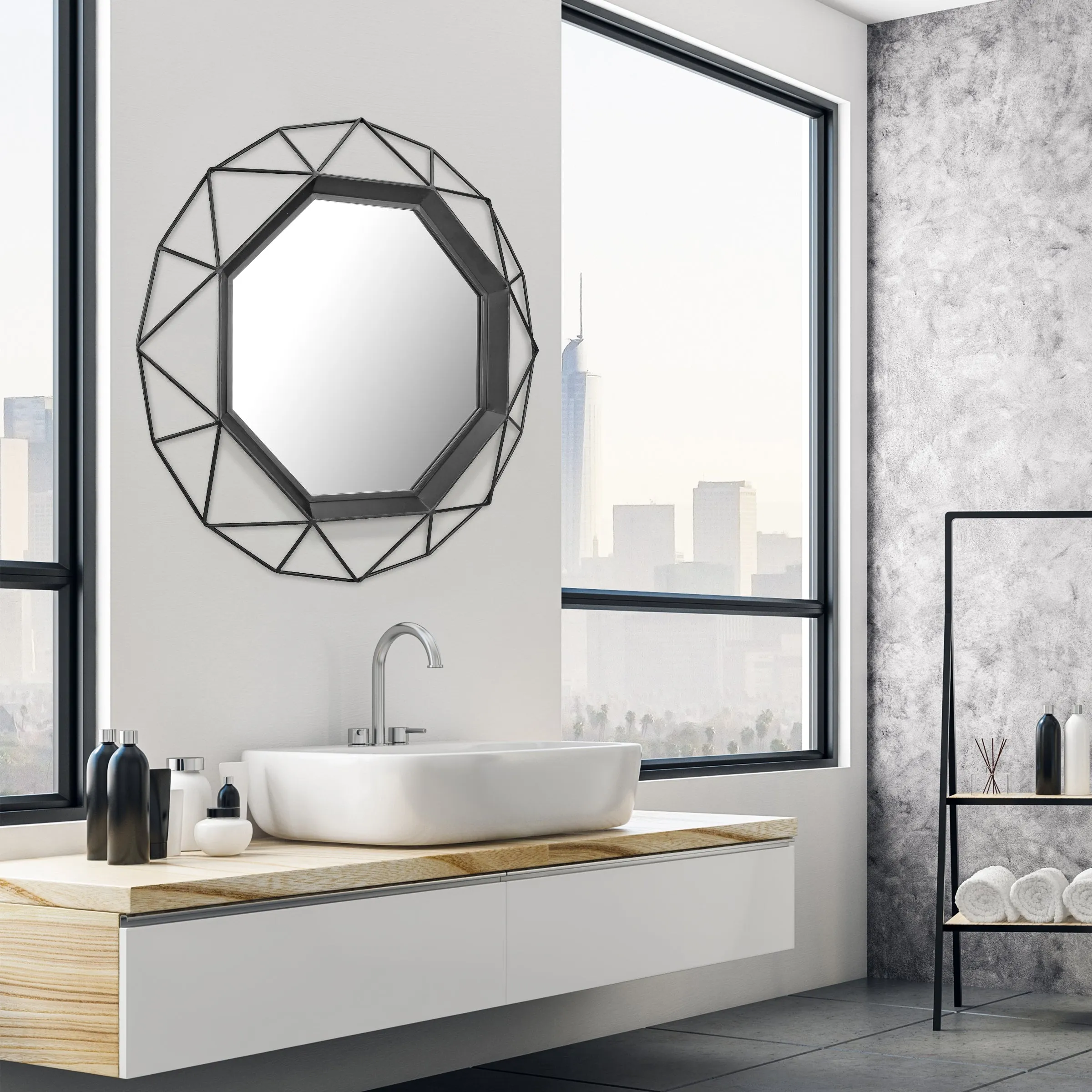28 Inch Black Geometric Metal Frame Hanging Wall Mirror (WS)