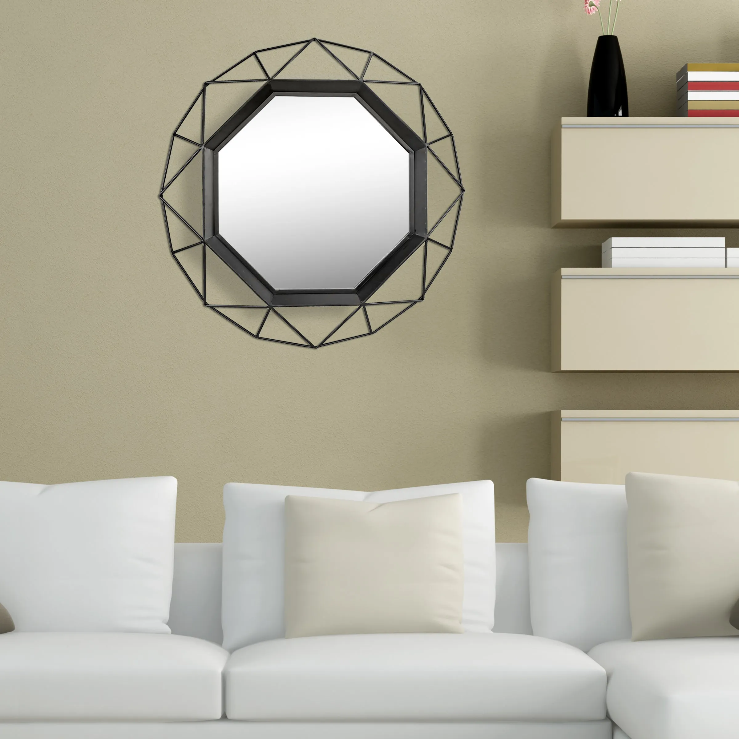 28 Inch Black Geometric Metal Frame Hanging Wall Mirror (WS)
