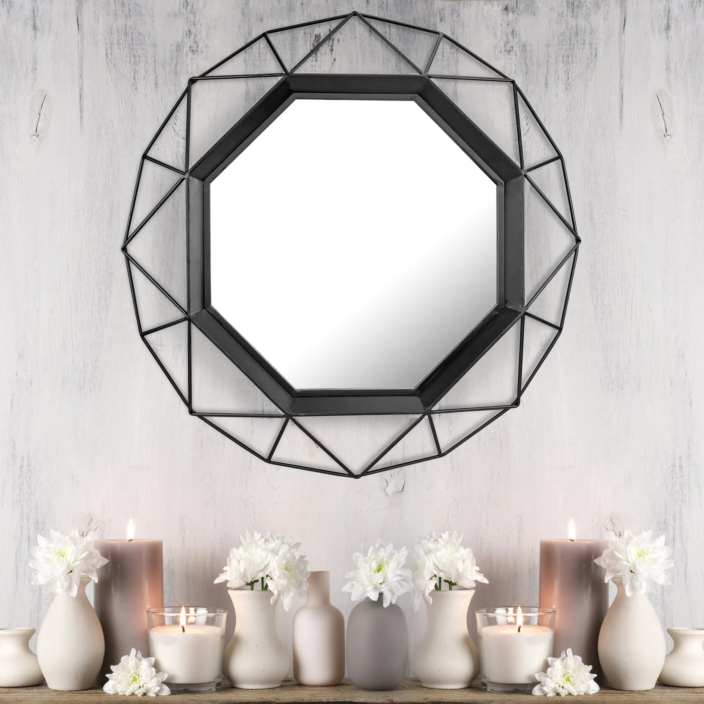 28 Inch Black Geometric Metal Frame Hanging Wall Mirror (WS)