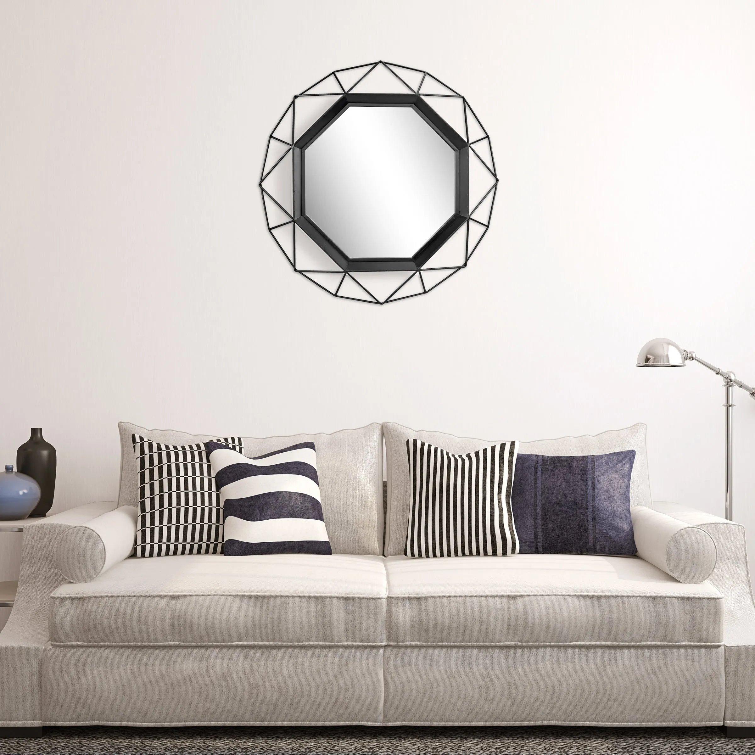 28 Inch Black Geometric Metal Frame Hanging Wall Mirror (WS)
