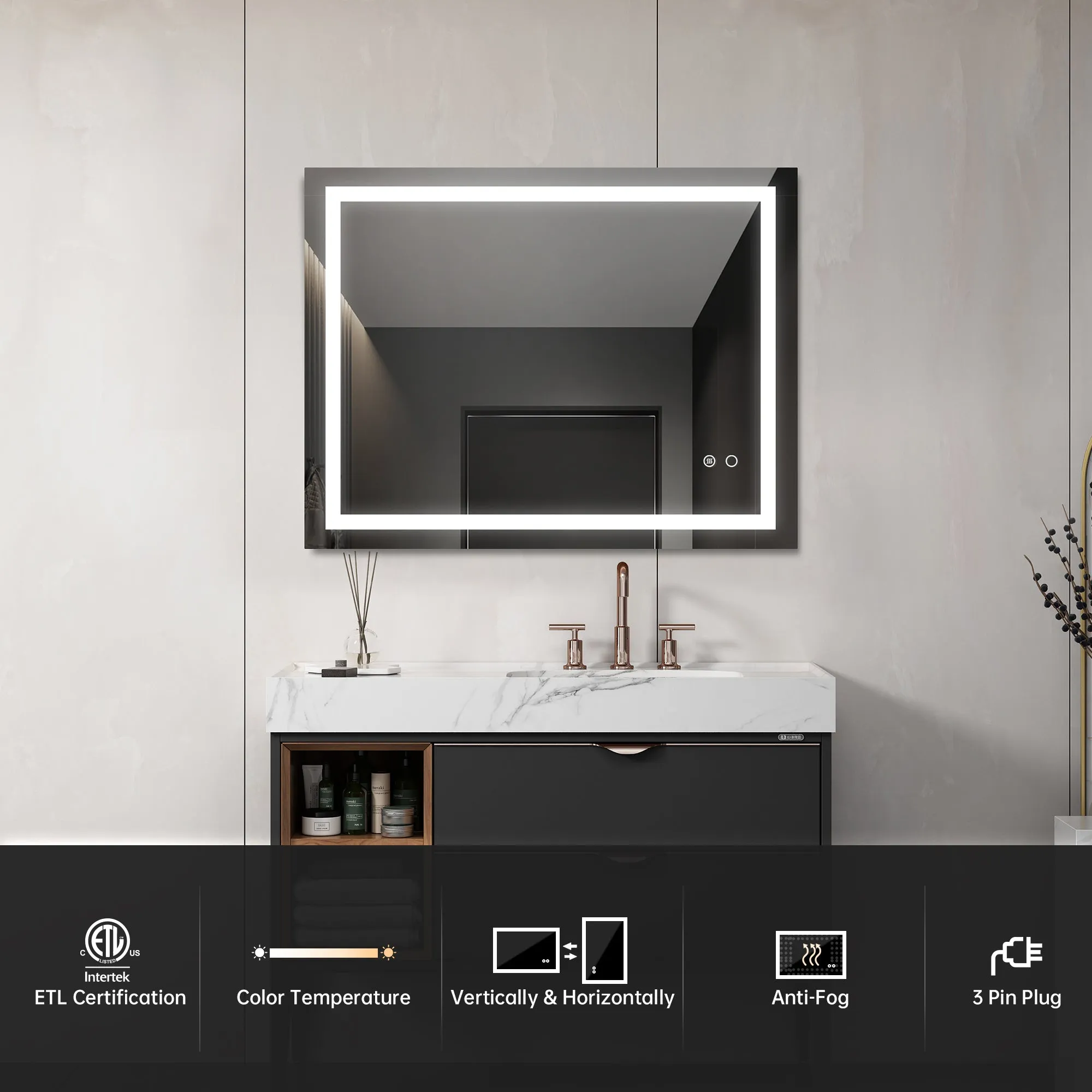 28“*36” LED Lighted Bathroom Wall Mounted Mirror with High Lumen Anti-Fog Separately Control Dimmer Function