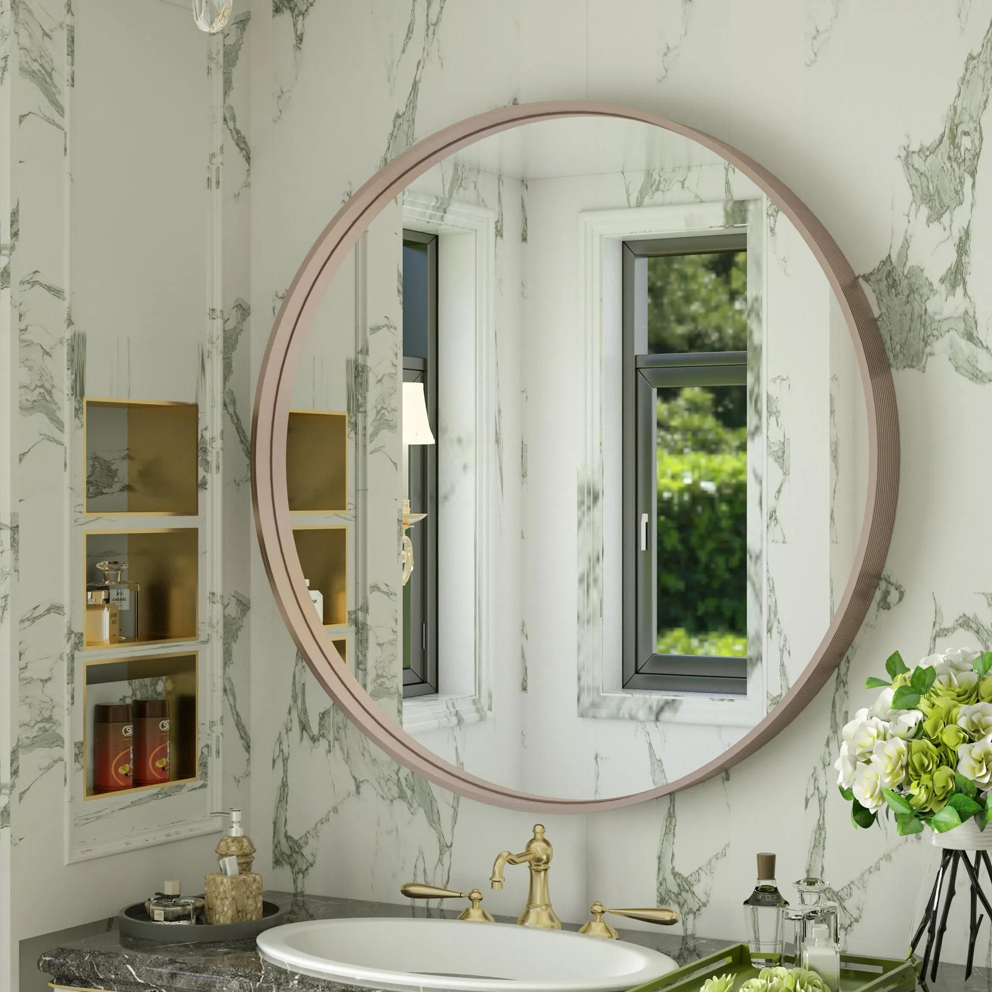 30 Inch | Modern Minimalist Circle Bathroom Mirror with Ribbed Texture Aluminum Alloy Metal Frame