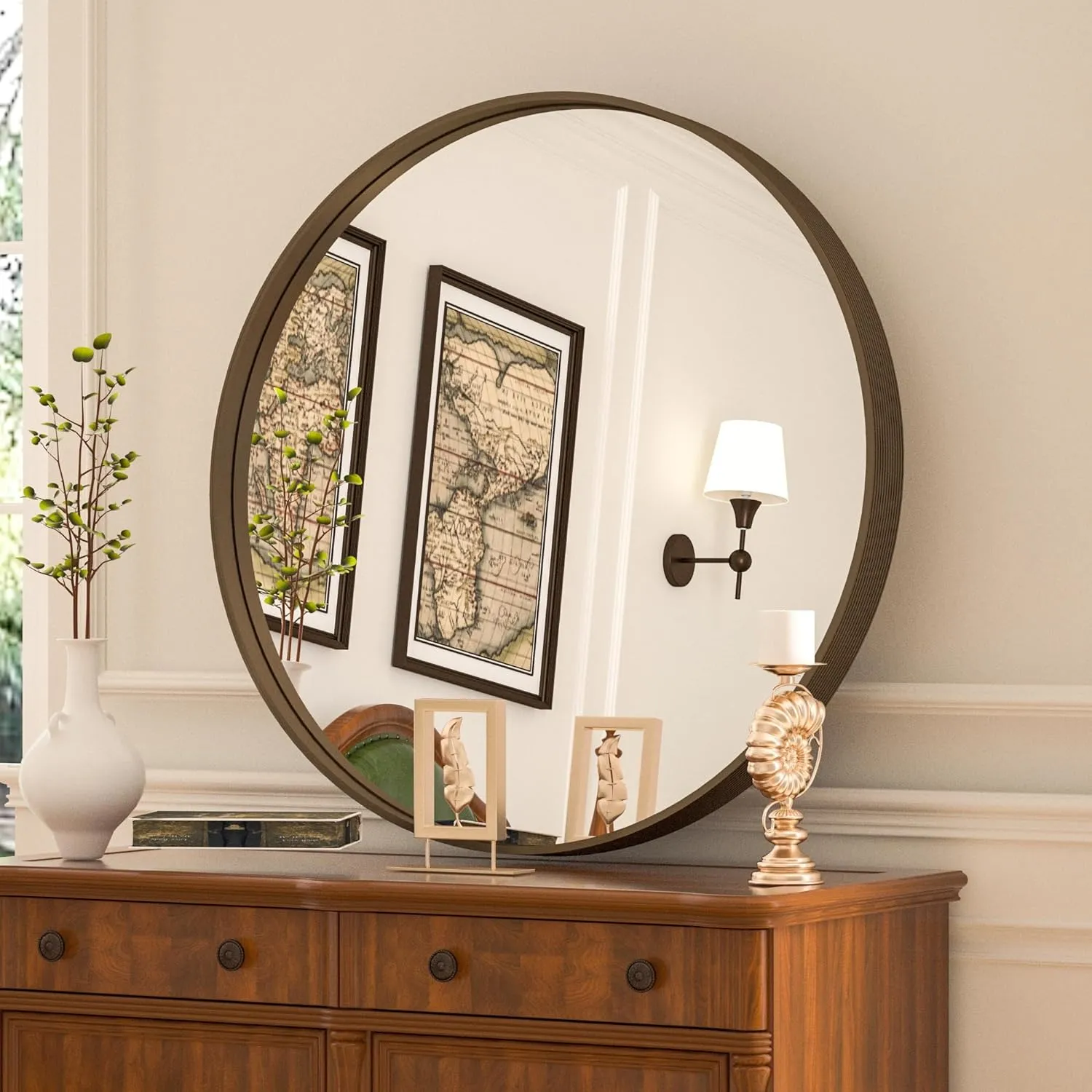 30 Inch | Modern Minimalist Circle Bathroom Mirror with Ribbed Texture Aluminum Alloy Metal Frame