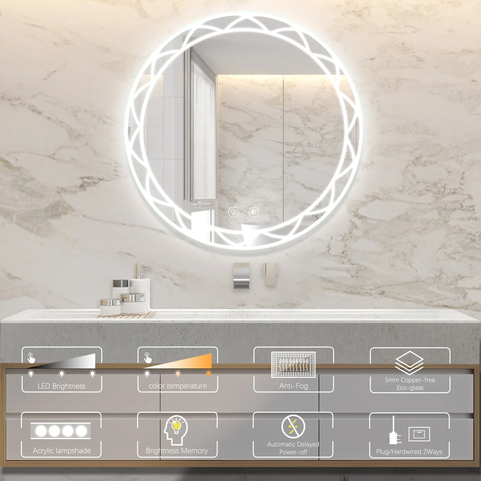 30" Round LED Bathroom Mirror with Adjustable Color Temperatures and Anti-Fog Feature