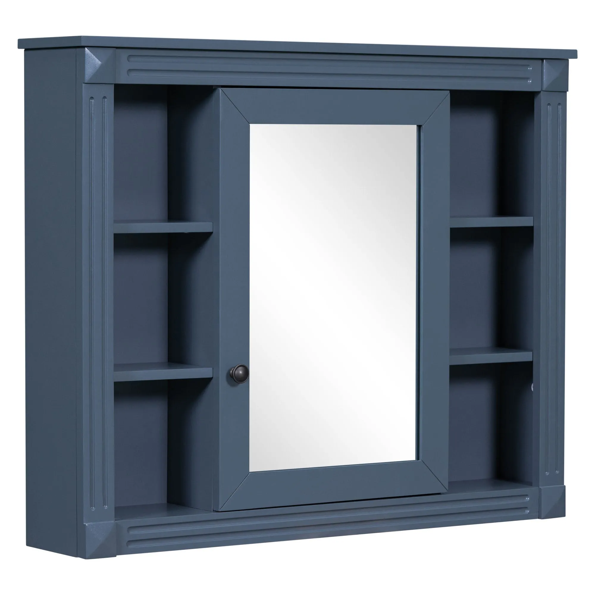 35'' x 28'' Royal Blue Wall Mounted Bathroom Storage Cabinet, Modern Bathroom Wall Cabinet with Mirror, Mirror Cabinet with 6 Open Shelves