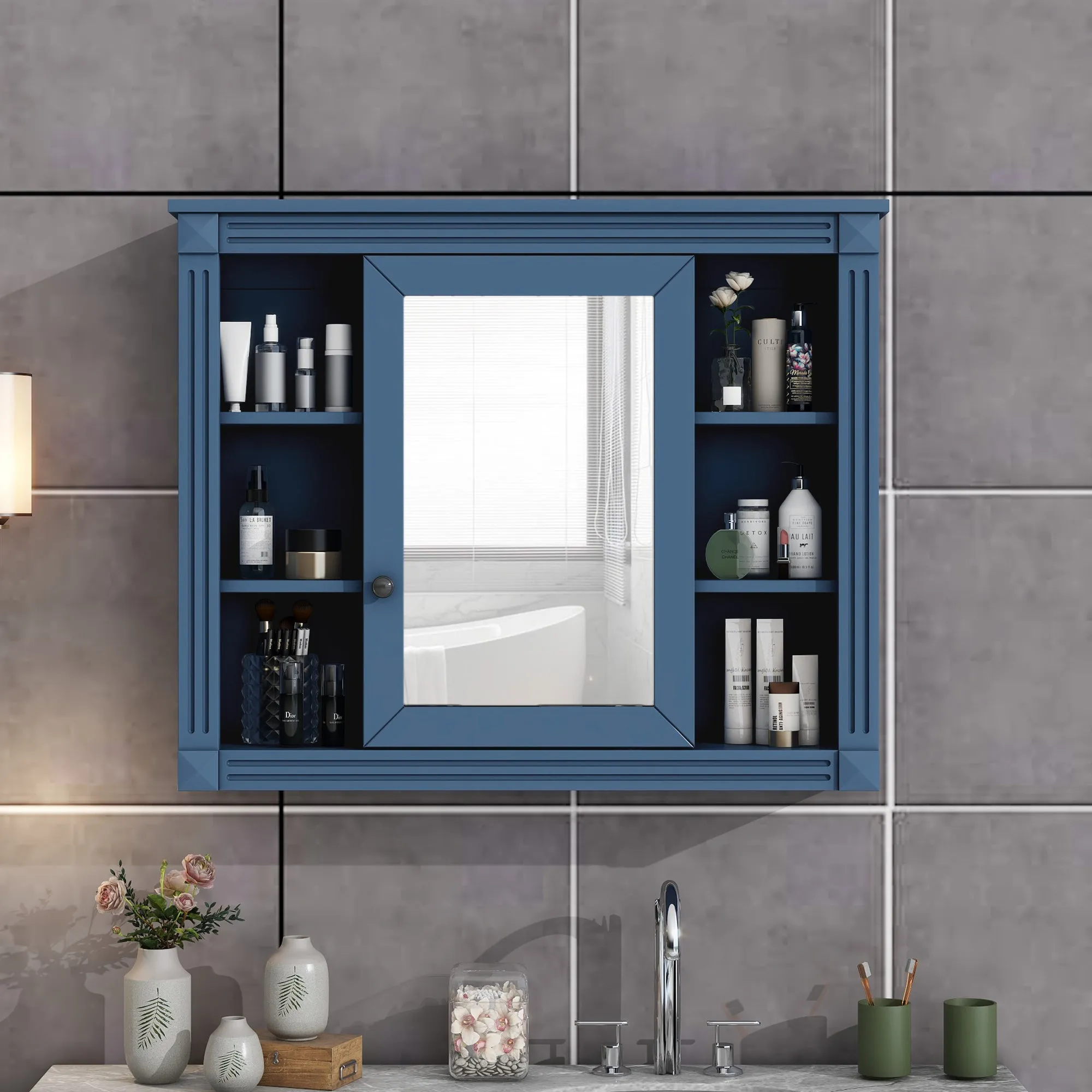 35'' x 28'' Royal Blue Wall Mounted Bathroom Storage Cabinet, Modern Bathroom Wall Cabinet with Mirror, Mirror Cabinet with 6 Open Shelves