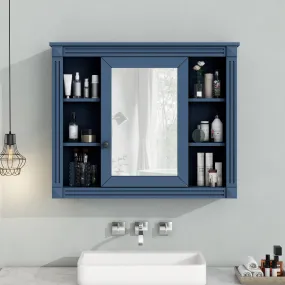 35'' x 28'' Royal Blue Wall Mounted Bathroom Storage Cabinet, Modern Bathroom Wall Cabinet with Mirror, Mirror Cabinet with 6 Open Shelves