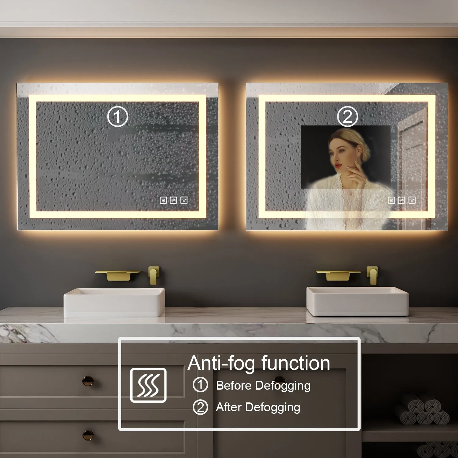 36 in. W x 28 in. H LED Rectangular Frameless Anti-Fog Wall Bathroom Mirror Front Light