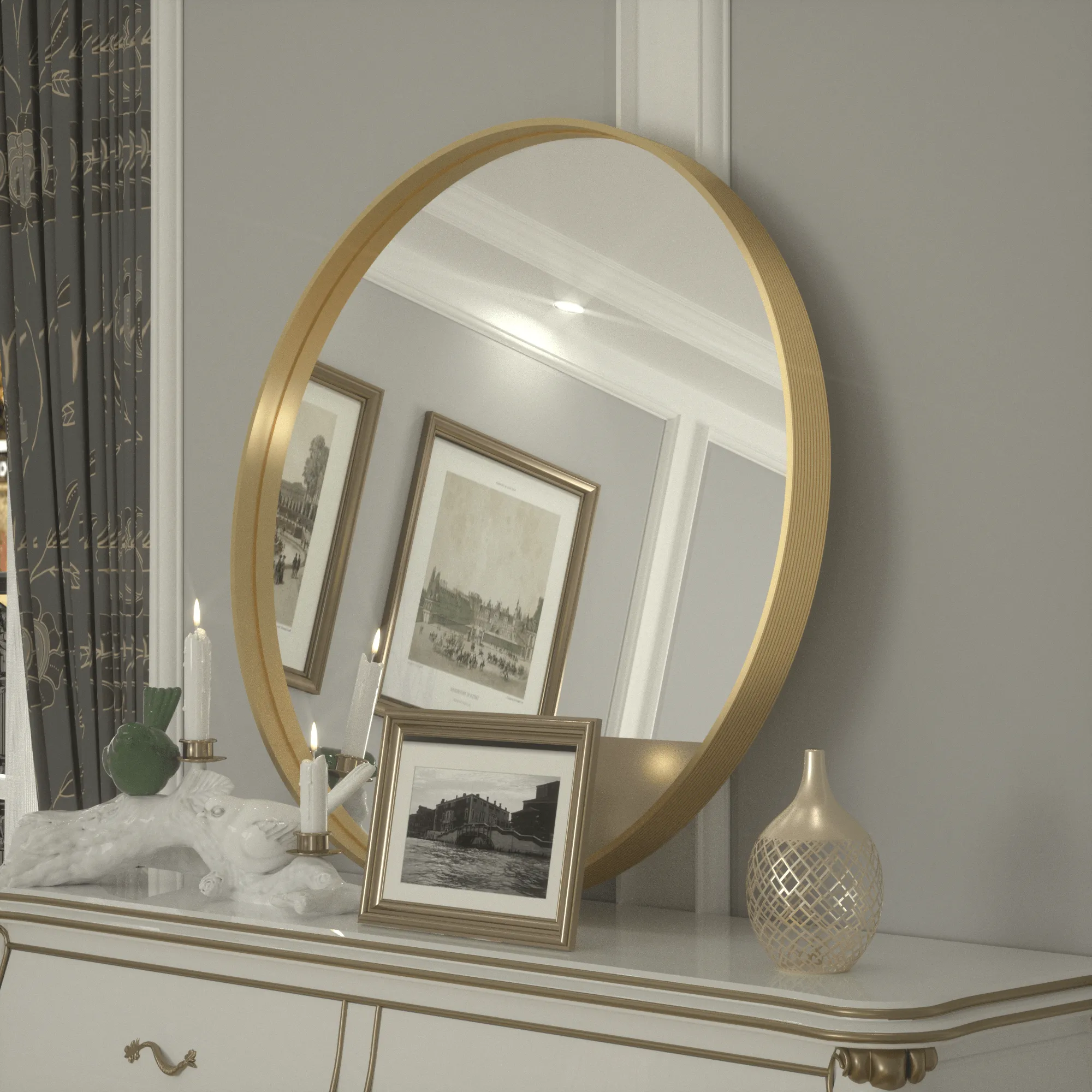 36 Inch | Large Minimalist Circular Deisgn Mirror with Ribbed Texture Aluminum Alloy Metal Frame, for Bedroom/Bathroom Vanity