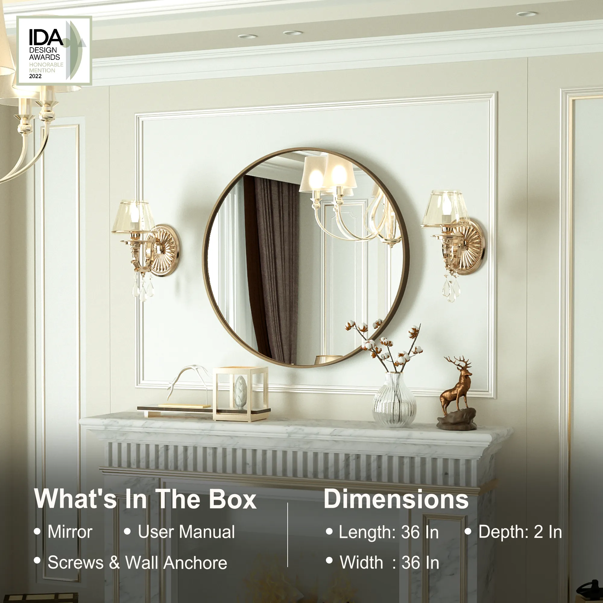 36 Inch | Large Minimalist Circular Deisgn Mirror with Ribbed Texture Aluminum Alloy Metal Frame, for Bedroom/Bathroom Vanity