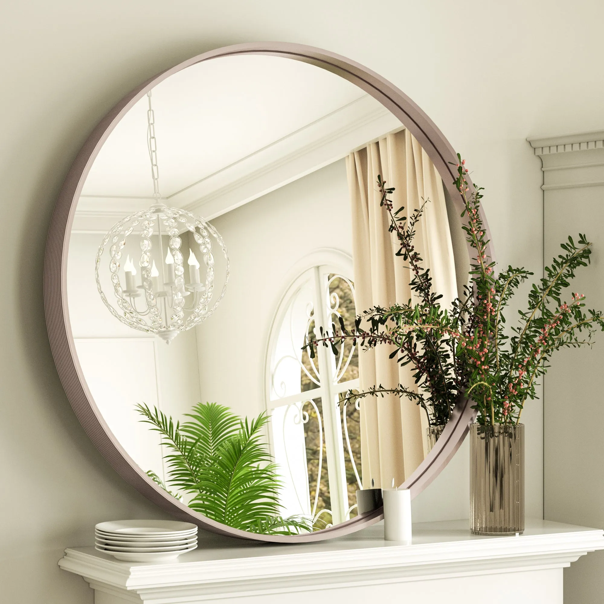 36 Inch | Large Minimalist Circular Deisgn Mirror with Ribbed Texture Aluminum Alloy Metal Frame, for Bedroom/Bathroom Vanity