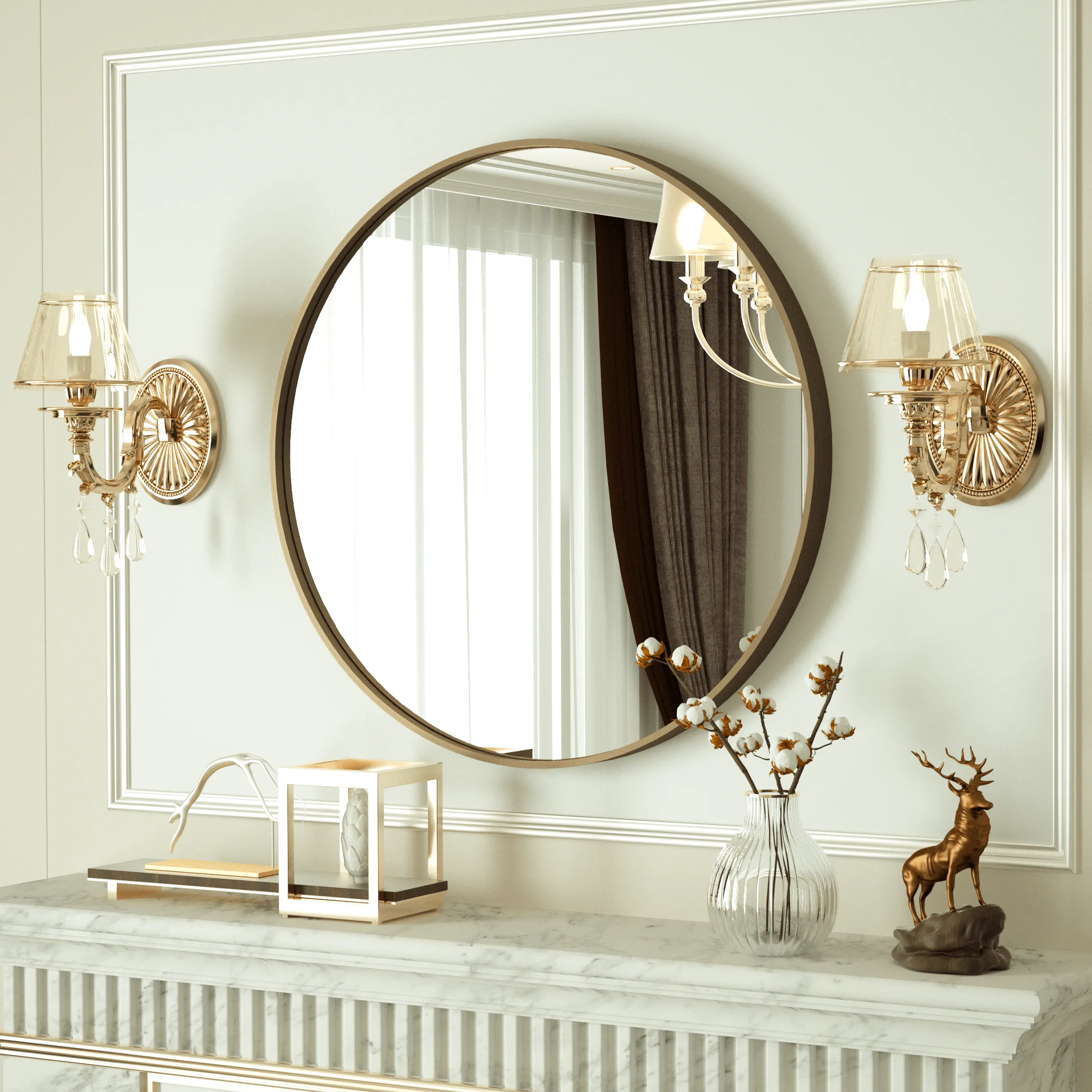36 Inch | Large Minimalist Circular Deisgn Mirror with Ribbed Texture Aluminum Alloy Metal Frame, for Bedroom/Bathroom Vanity