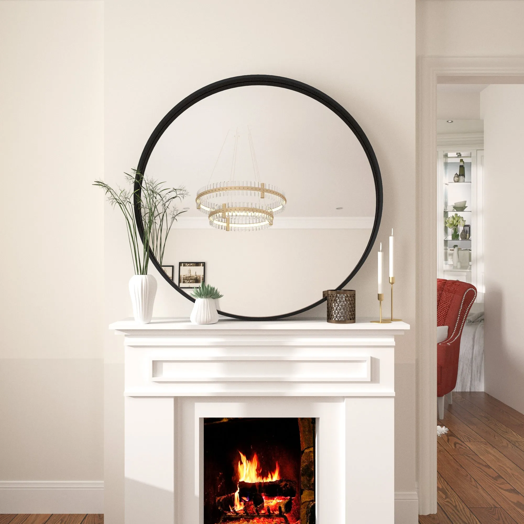 36 Inch | Large Minimalist Circular Deisgn Mirror with Ribbed Texture Aluminum Alloy Metal Frame, for Bedroom/Bathroom Vanity