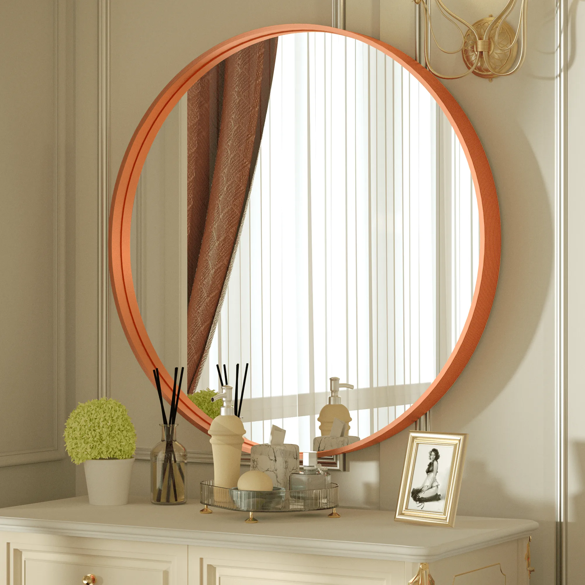 36 Inch | Large Minimalist Circular Deisgn Mirror with Ribbed Texture Aluminum Alloy Metal Frame, for Bedroom/Bathroom Vanity