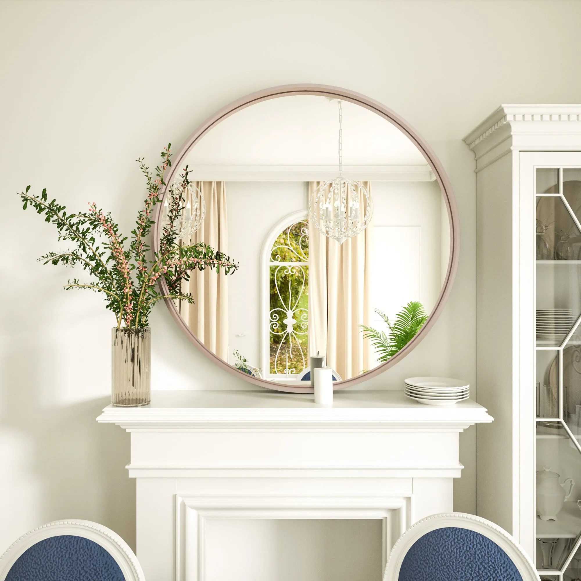 36 Inch | Large Minimalist Circular Deisgn Mirror with Ribbed Texture Aluminum Alloy Metal Frame, for Bedroom/Bathroom Vanity