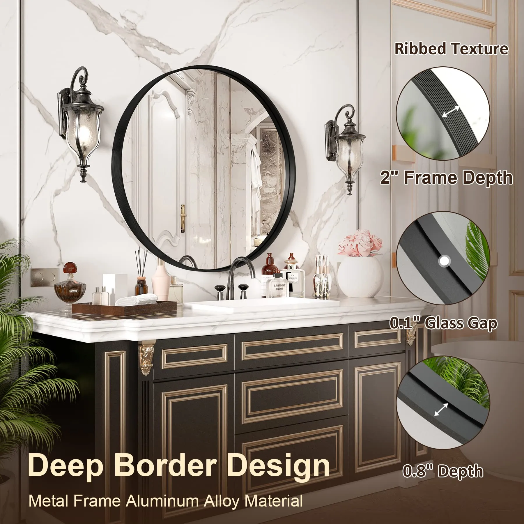 36 Inch | Large Minimalist Circular Deisgn Mirror with Ribbed Texture Aluminum Alloy Metal Frame, for Bedroom/Bathroom Vanity
