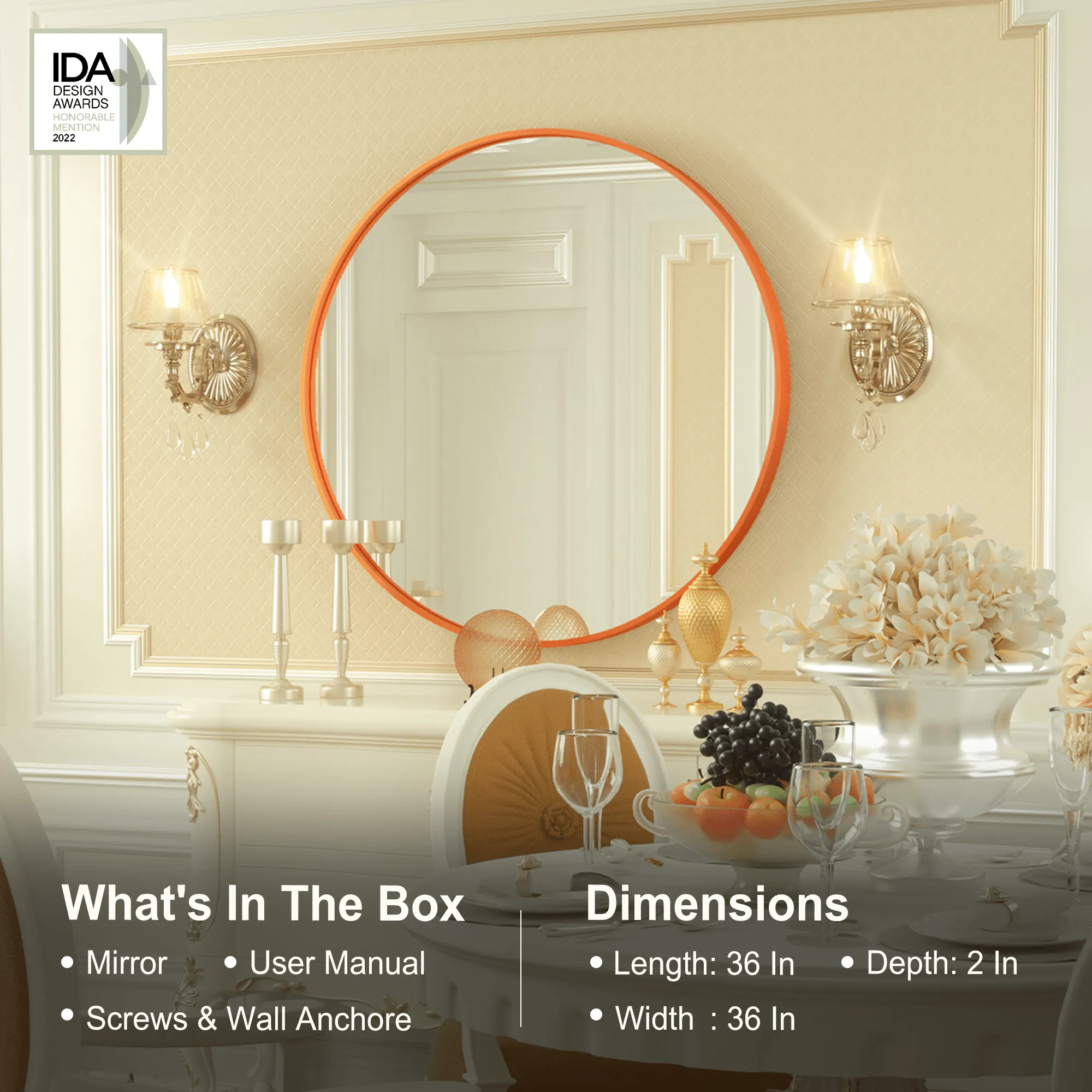 36 Inch | Large Minimalist Circular Deisgn Mirror with Ribbed Texture Aluminum Alloy Metal Frame, for Bedroom/Bathroom Vanity