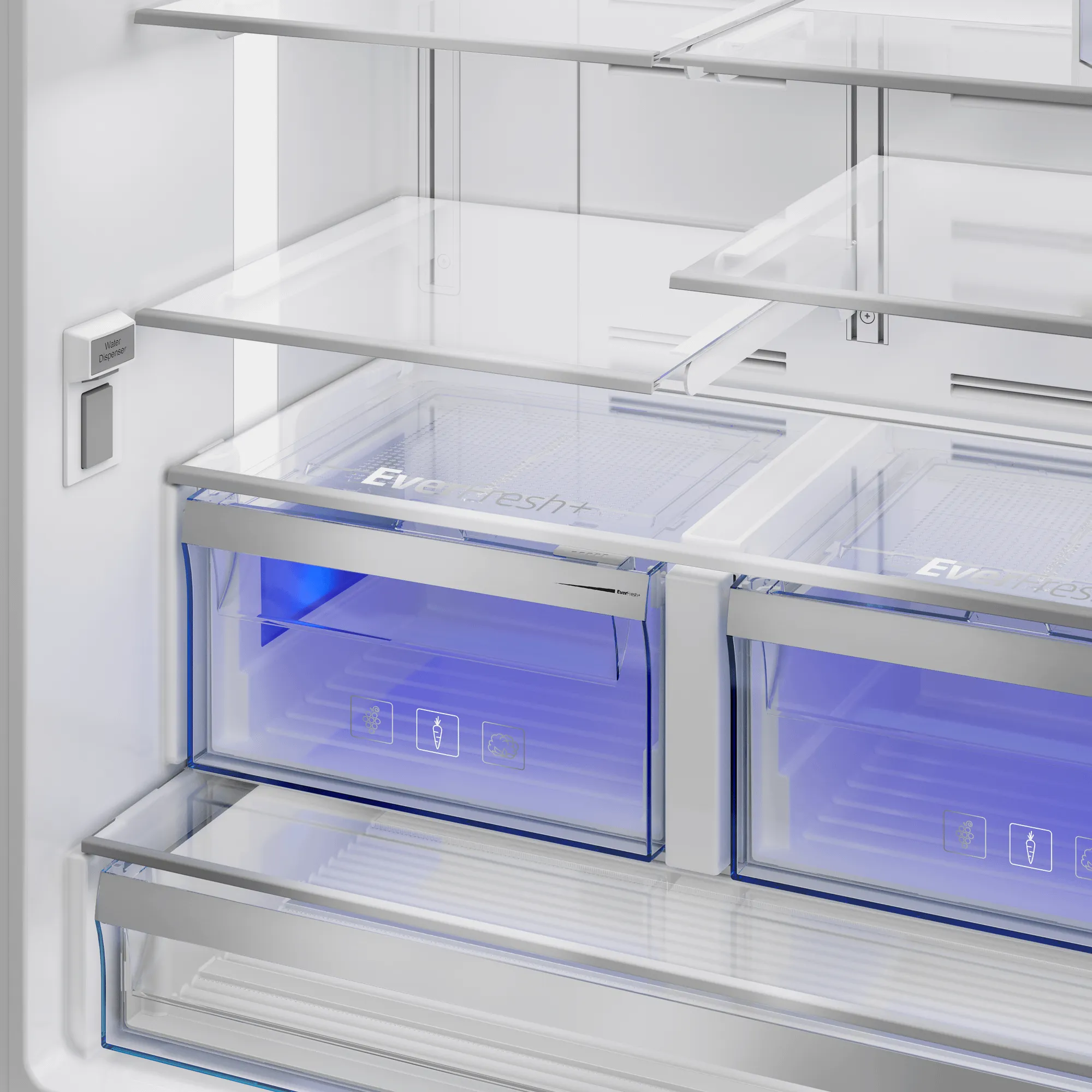 36" French Three-Door Stainless Steel Refrigerator with Auto Ice Maker, Water Dispenser