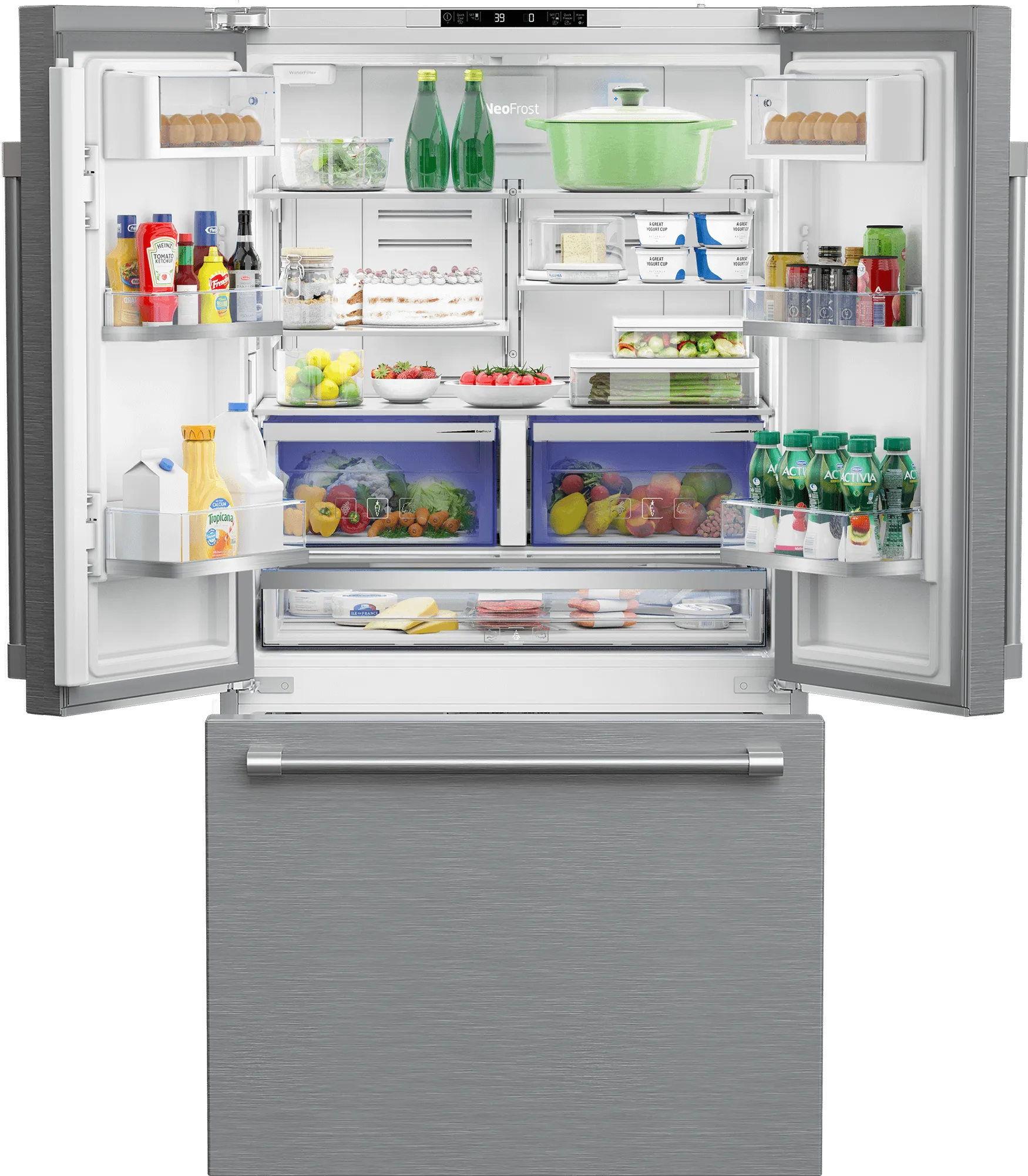36" French Three-Door Stainless Steel Refrigerator with Auto Ice Maker, Water Dispenser