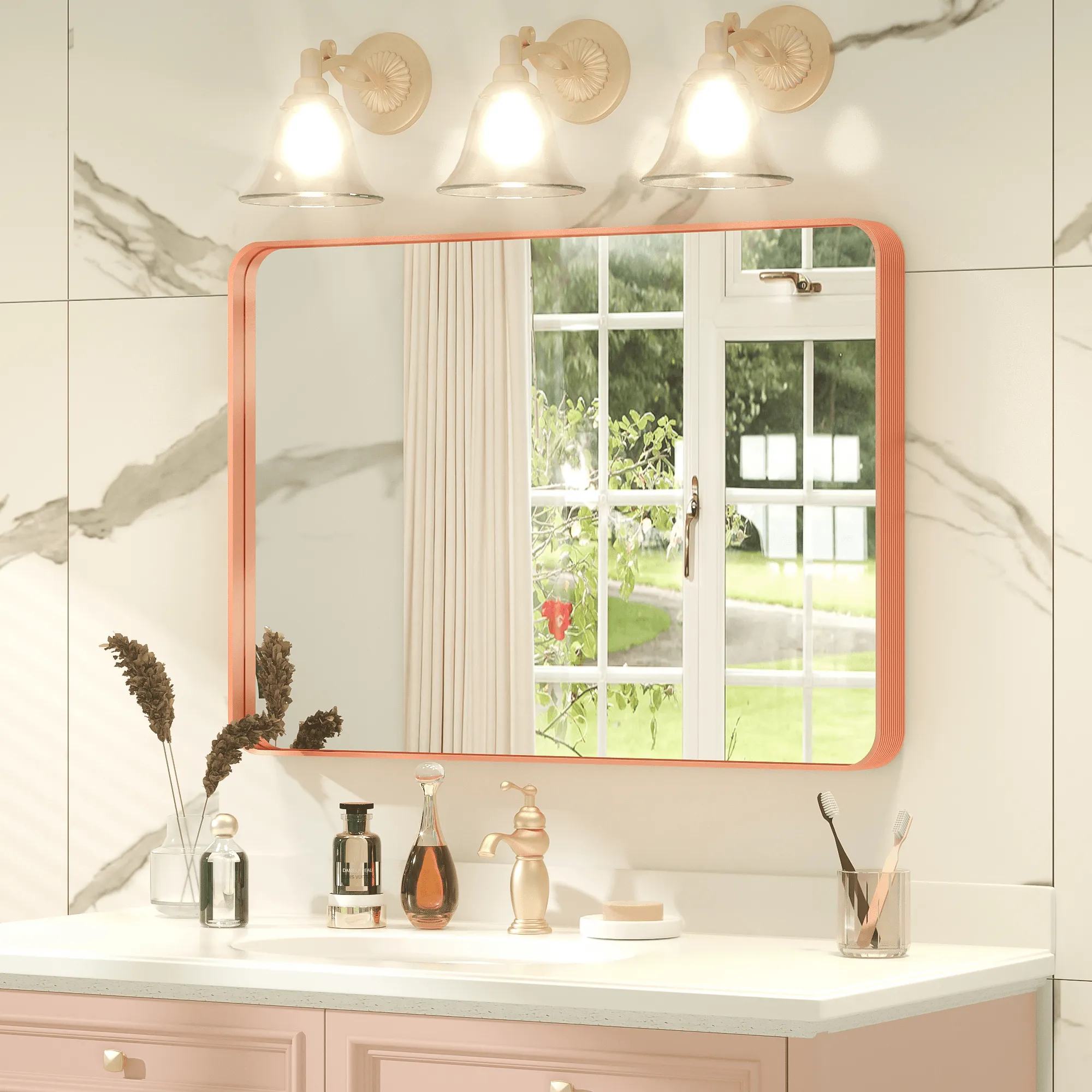 36" x 24" PILOCOS Modern Bathroom Brushed Striped Metal Frame Mirror for Wall