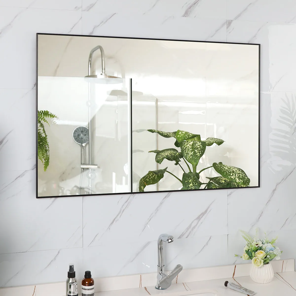 36x24 inches Modern Black Bathroom Mirror with Aluminum Frame Vertical or Horizontal Hanging Decorative Wall Mirrors for Living Room Bedroom